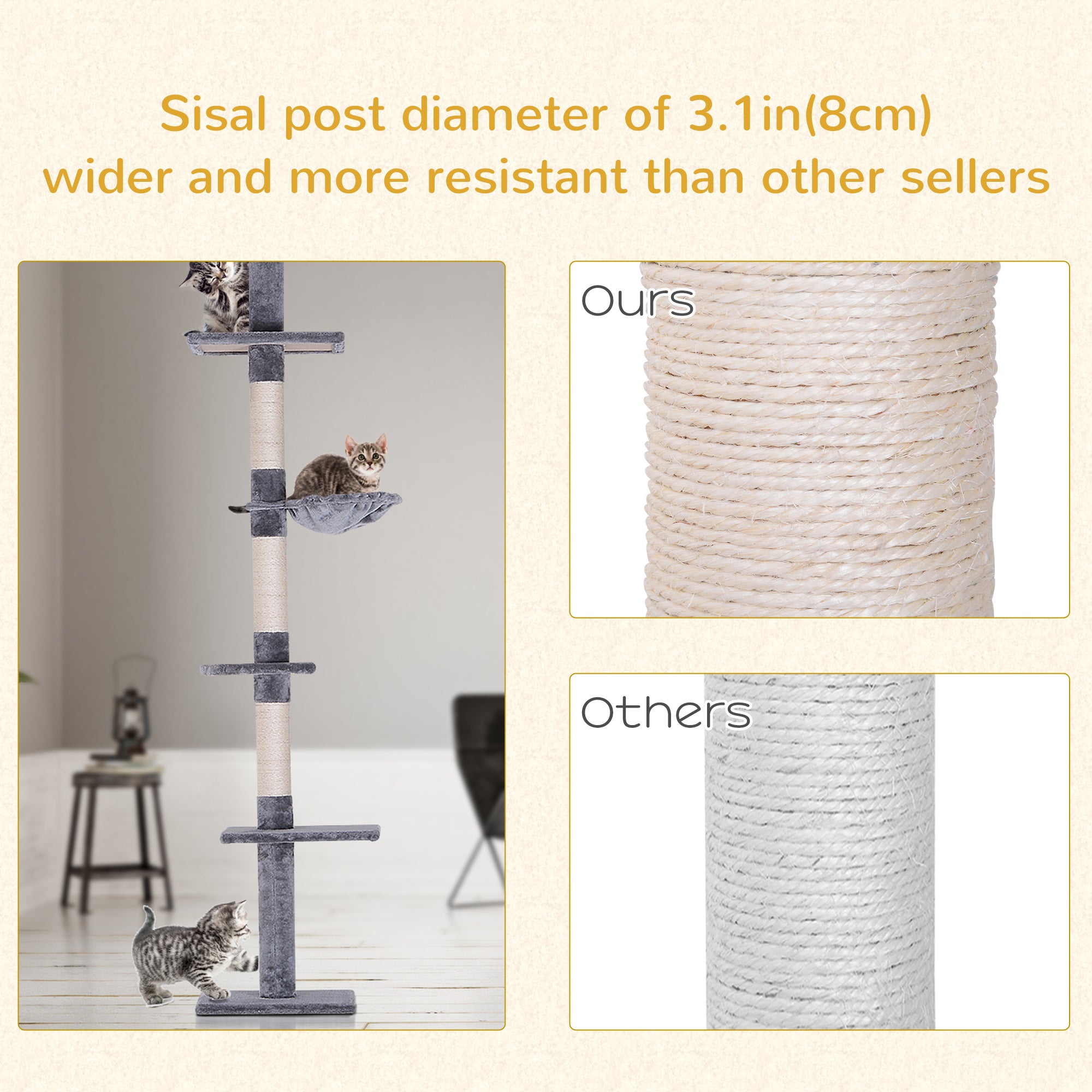 8.5ft Cat Climbing Tree 5-Tier Cat Activity Center Floor-to-Ceiling Cat Climber Toy with Scratching Post Play Rest Post Pet Furniture Grey Floor to Ceiling Cat Trees at Gallery Canada