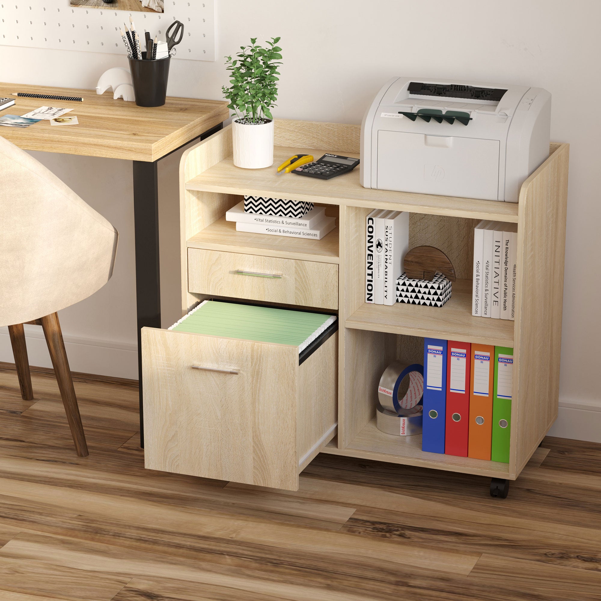 Lateral Filing Cabinet, Printer Stand with Wheels, Mobile File Cabinet with Drawer for Letter or A4 File, Home Office, Oak Office Cabinets & Cupboards at Gallery Canada