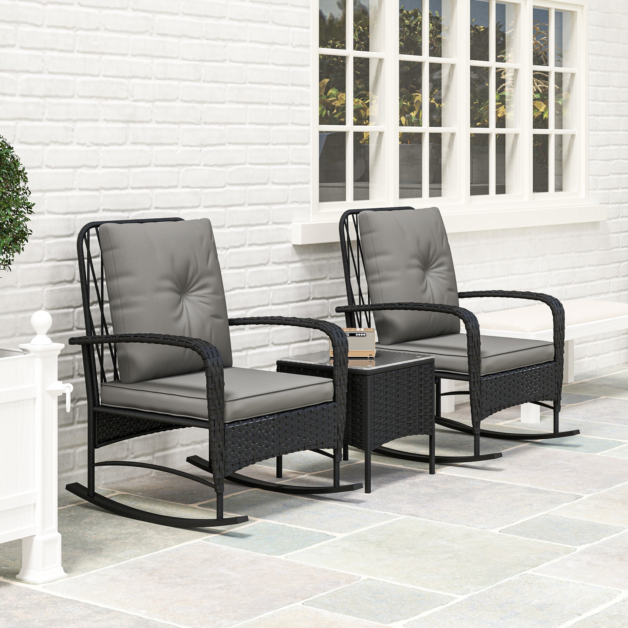 3 Pieces Rattan Bistro Set, Wicker Patio Furniture with Rocking Chairs, Thick Cushions for Porch Balcony, Grey Bistro Sets at Gallery Canada