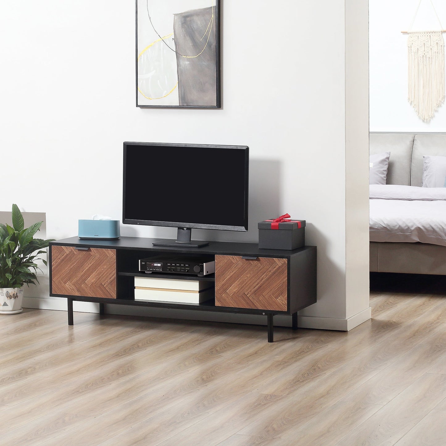 Modern TV Stand with Storage for TVs up to 60", Media Console with 2 Cupboards and Open Shelves, TV Unit for Bedroom, Living Room, Black TV Stands   at Gallery Canada