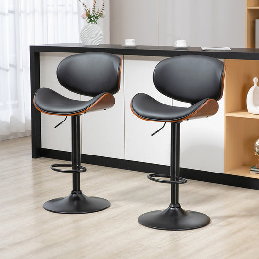 Bar Stools Set of 2, Modern PU Leather Adjustable Swivel Barstools with Curved Back, Footrest and Steel Base, Black - Gallery Canada