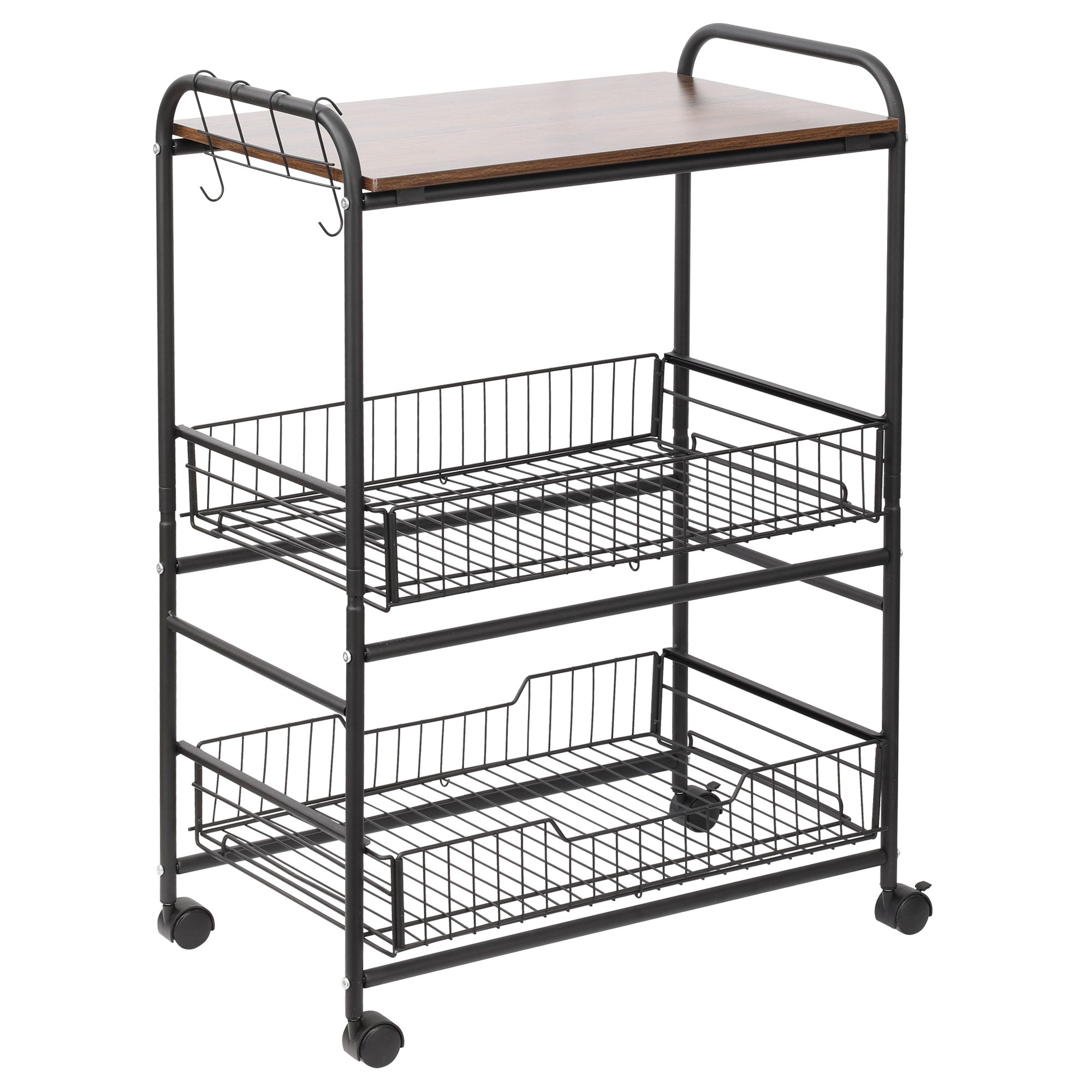 Rolling Kitchen Cart, 3-Tier Utility Storage Cart with 2 Basket Drawers &; Side Hooks, Lockable Casters for Dining Room Kitchen Islands & Kitchen Carts Rustic Brown at Gallery Canada