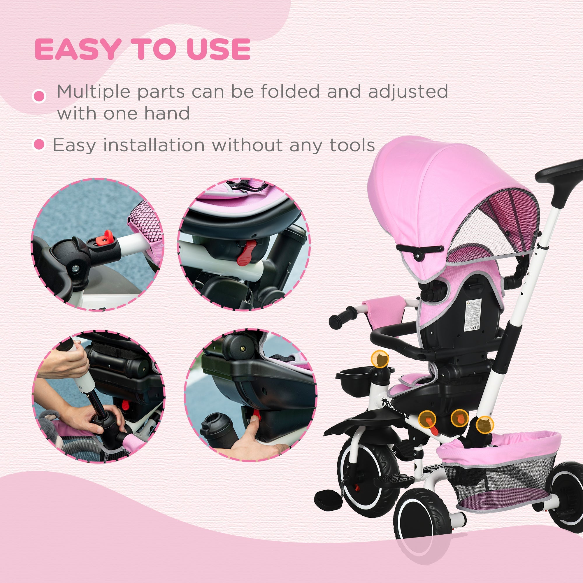 6-in-1 Toddler Tricycle for 12-50 Months, Foldable Kids Trike with Adjustable Seat and Push Handle, Safety Harness, Removable Canopy, Footrest, Pink Tricycles for Kids   at Gallery Canada