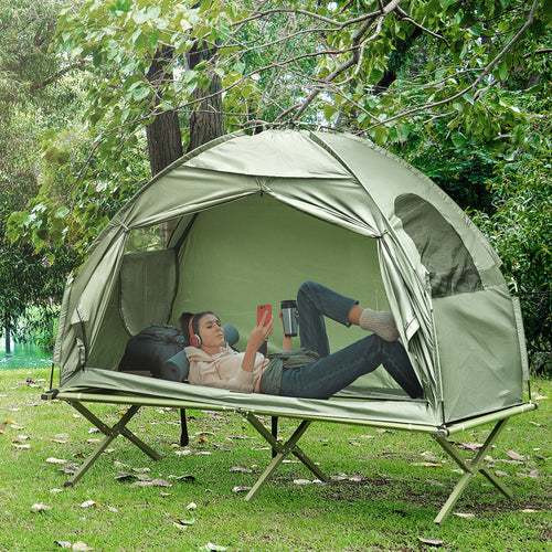 Compact Pop Up Portable Folding Outdoor Elevated Camping Cot Tent Combo Set Dark Green