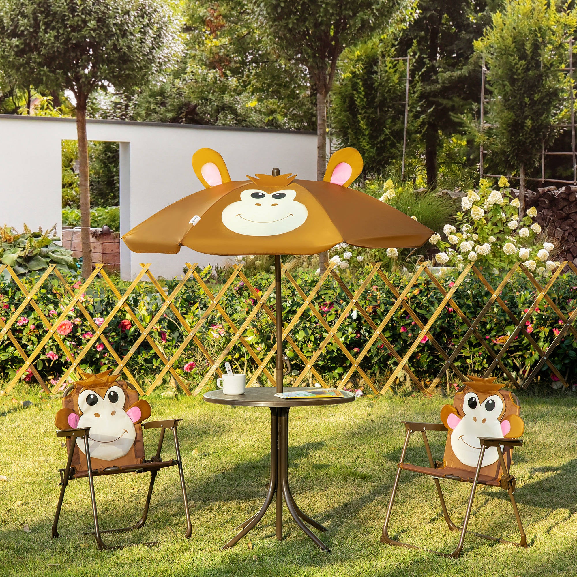 Kids Folding Picnic Table and Chair Set Pattern Outdoor Garden Patio Backyard with Removable &; Height Adjustable Sun Umbrella Brown Kids Outdoor Furniture at Gallery Canada