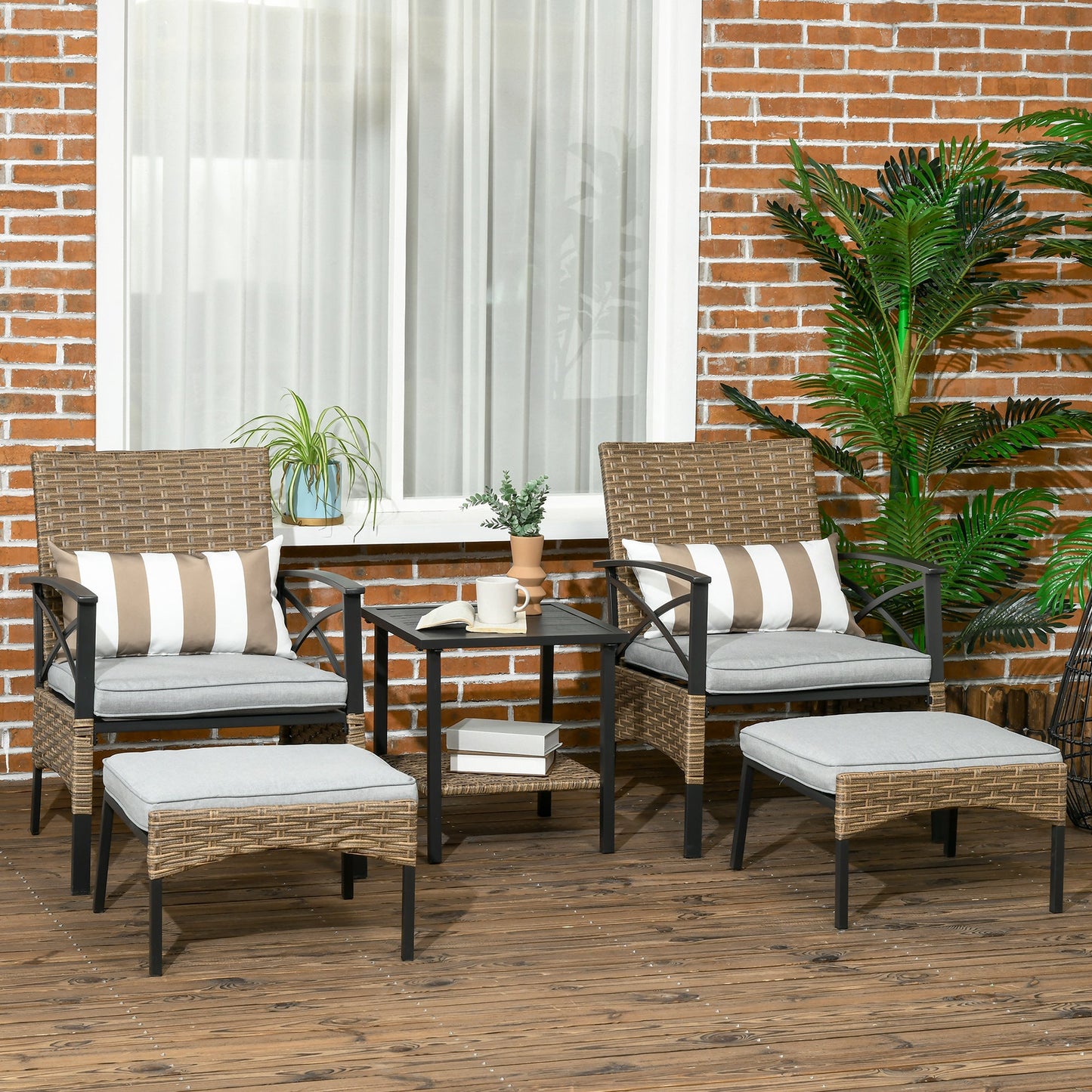 5 Piece PE Rattan Garden Furniture Set, 2 Armchairs,2 Stools, Steel Tabletop with Wicker Shelf, Padded Outdoor Seating, Khaki Bistro Sets   at Gallery Canada