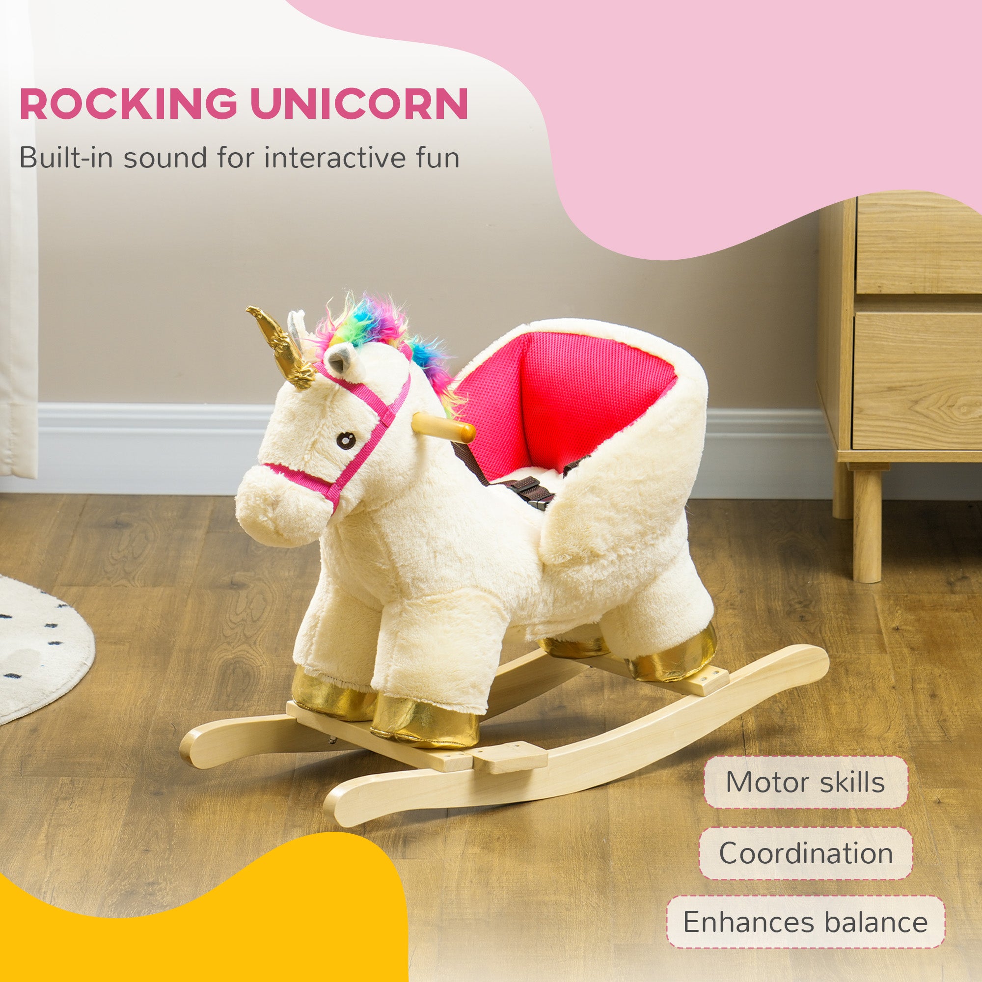Rocking Horse Unicorn with Sound, Safety Belt, Wooden Base, for 18-36 Months Rocking Horses at Gallery Canada