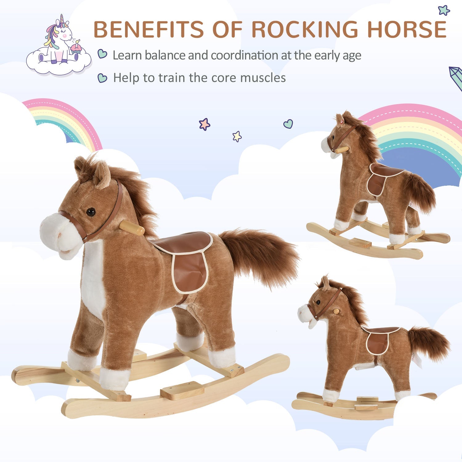 Rocking Horse Plush Animal on Wooden Rockers with Sounds, Wooden Base, Baby Rocking Chair for 36-72 Months, Brown Rocking Horses   at Gallery Canada