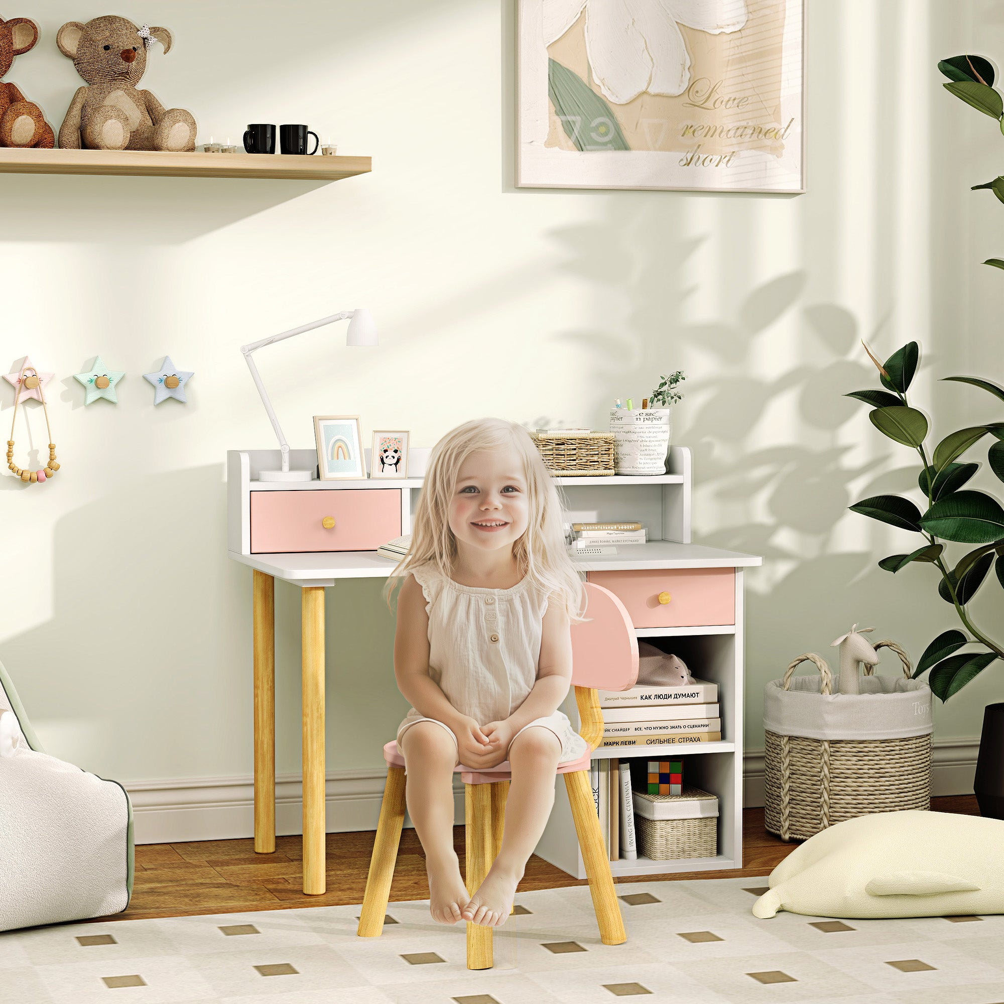 Kids Study Table and Chair Set, Kids Desk and Chair Set w/ Storage and Shelves, for 3-8 Year Old, Pink Kids Desk Sets Pink  at Gallery Canada