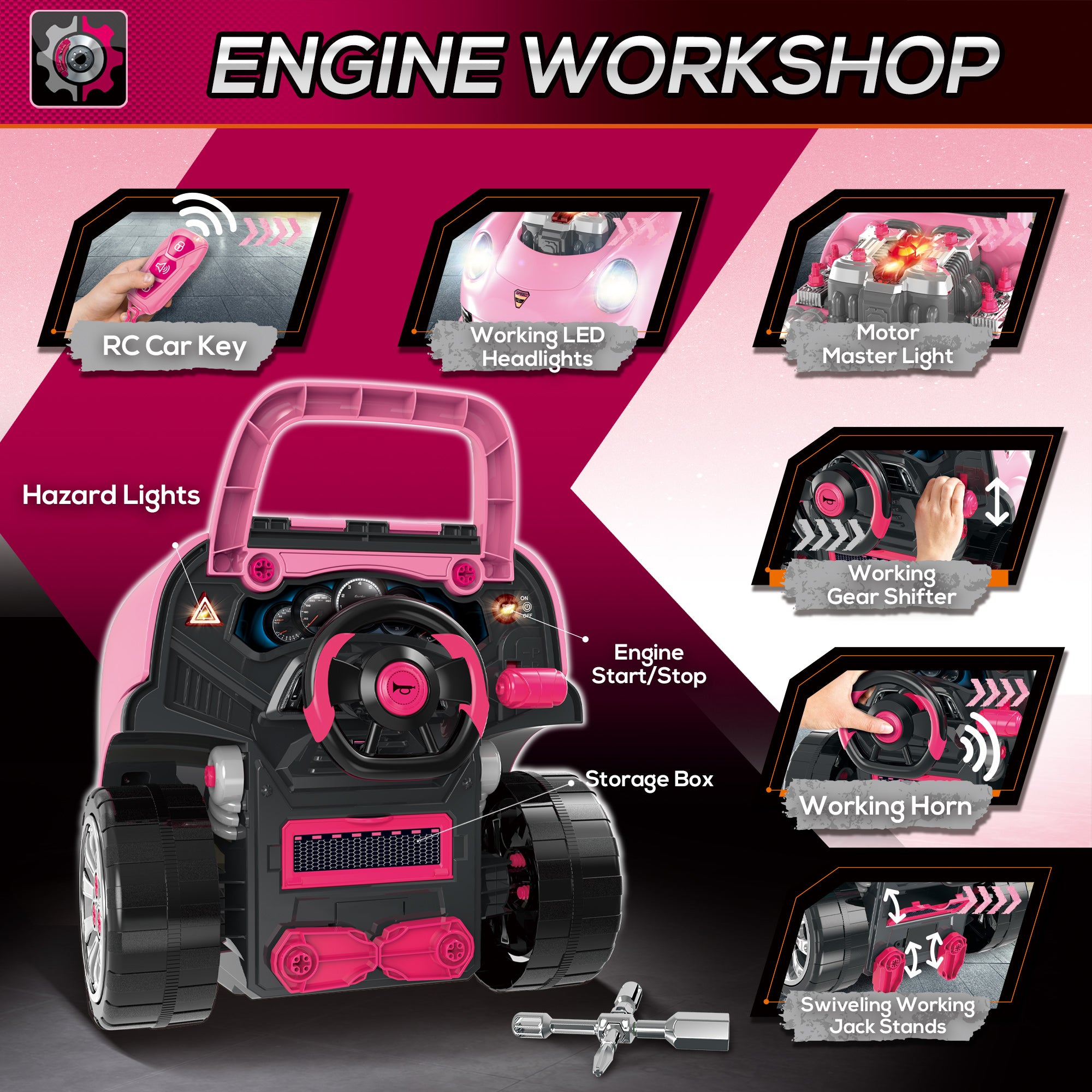 Mechanic Kids Truck Engine Toy Set, Car Service Play Set, Pink Workbench Toy Sets at Gallery Canada