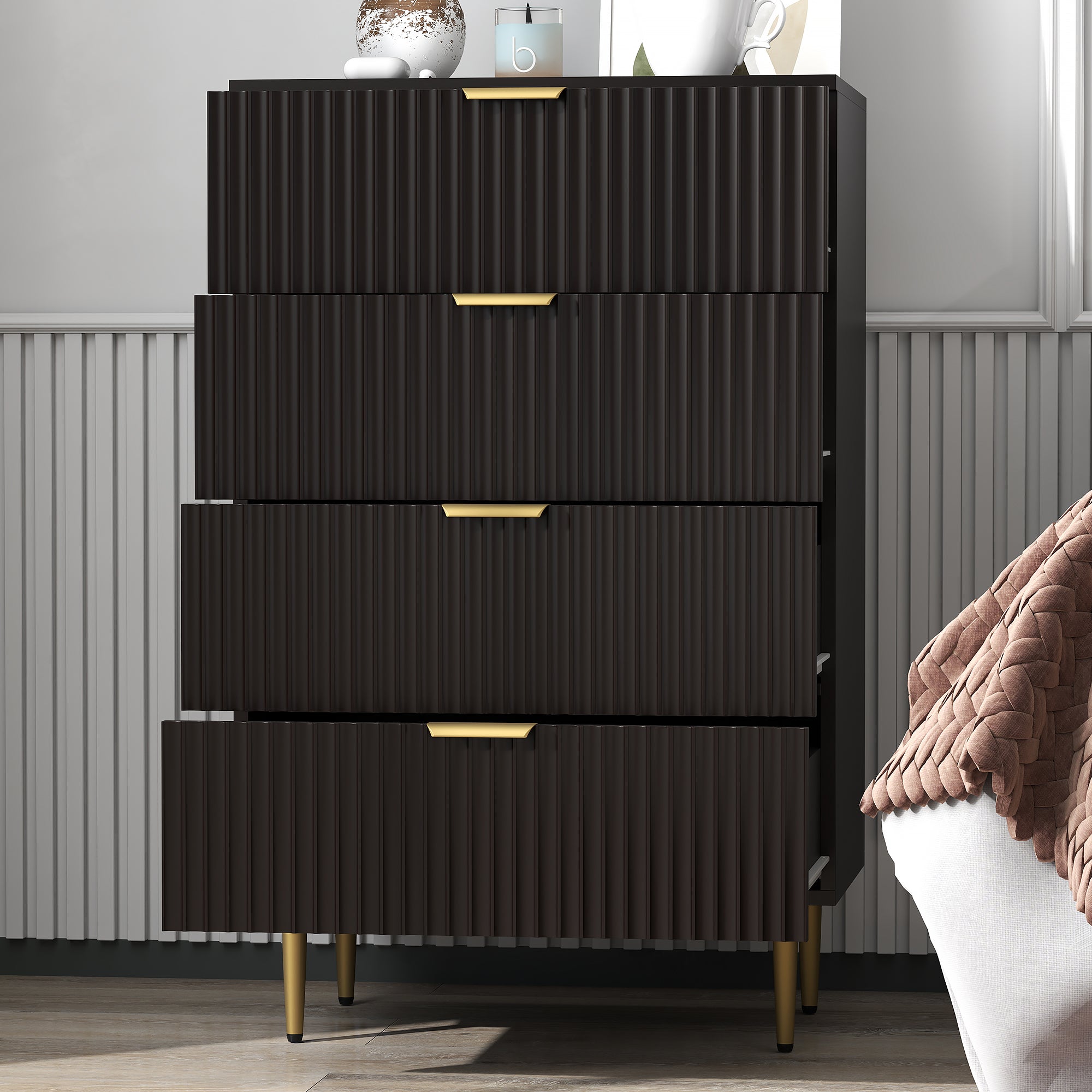 Modern Chest of Drawers 4 Drawer Dresser for Bedroom with Gold Legs and Handles, Black Storage Cabinets at Gallery Canada