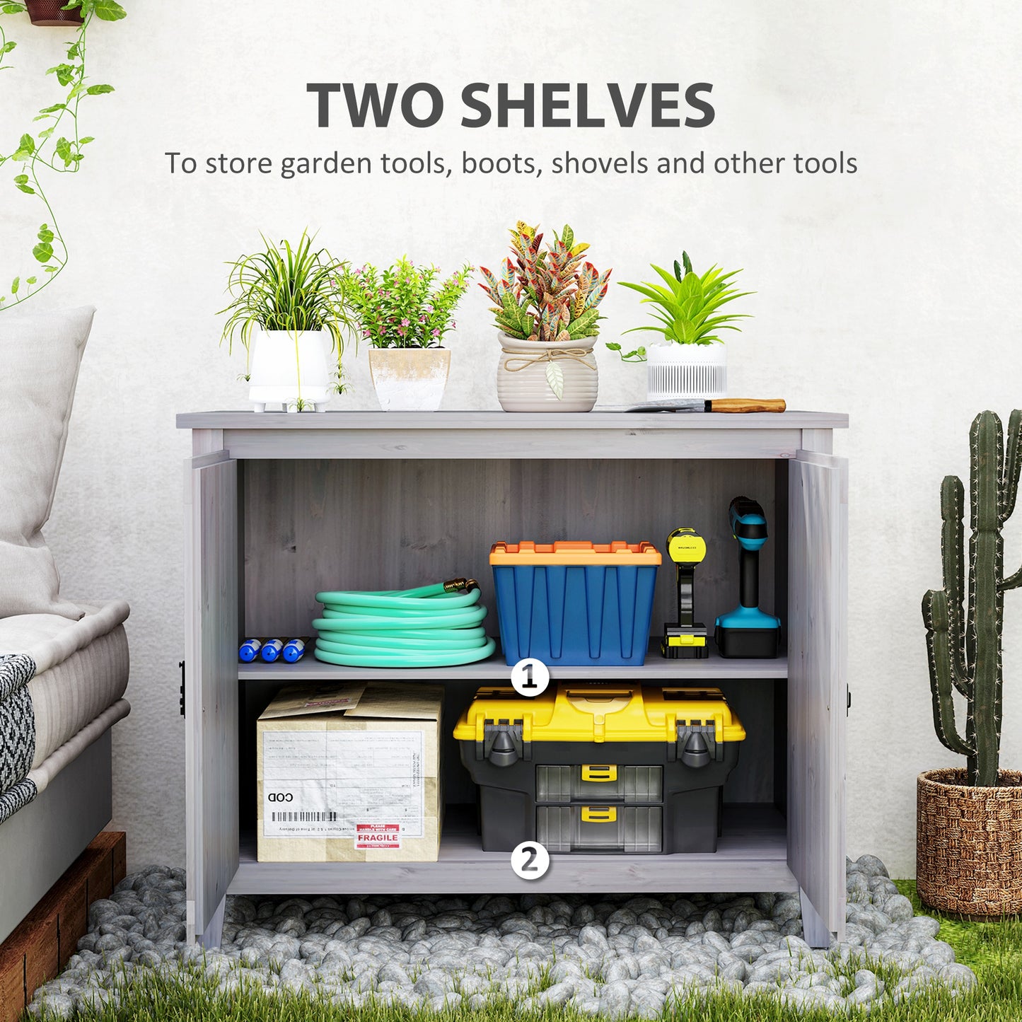 Wooden Outdoor Storage Cabinet, Garden Shed Potting Shed with Shelf and Double Doors, Light Grey Sheds at Gallery Canada