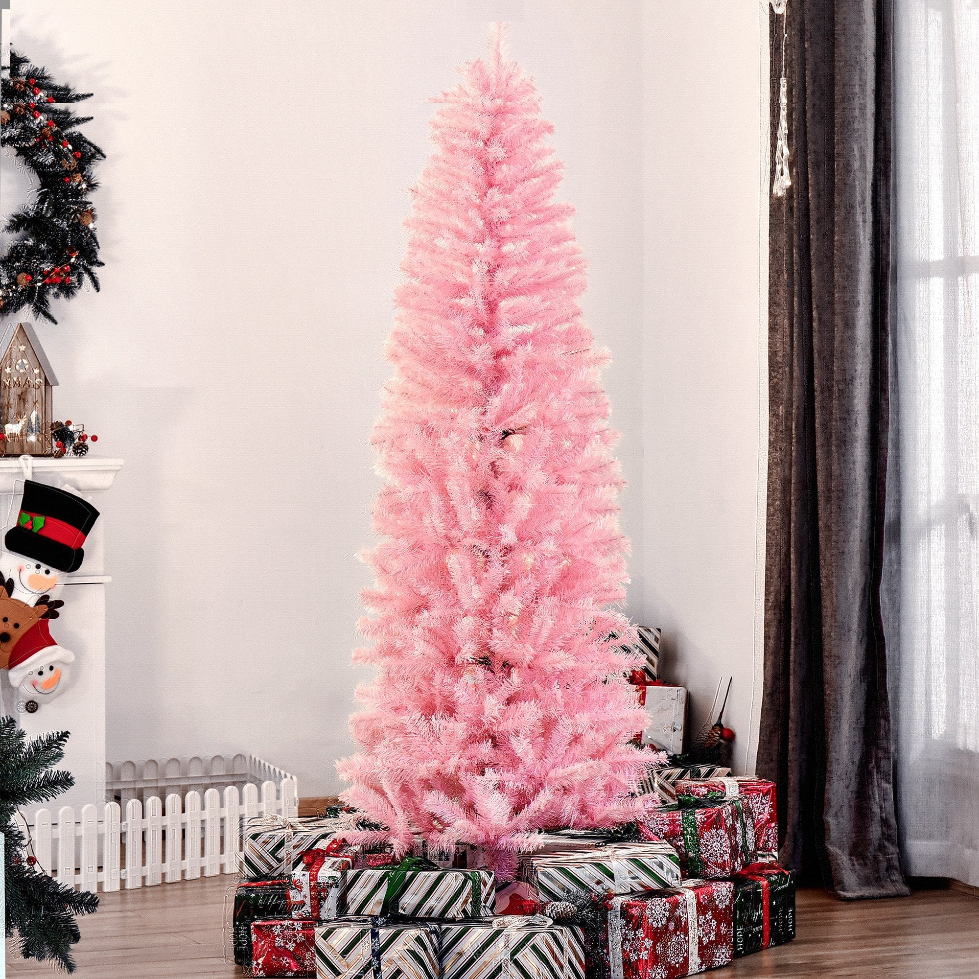 6FT Pop-up Artificial Christmas Tree Holiday Xmas Holiday Pencil Tree Decoration with Automatic Open for Home Party, Pink Artificial Christmas Trees   at Gallery Canada