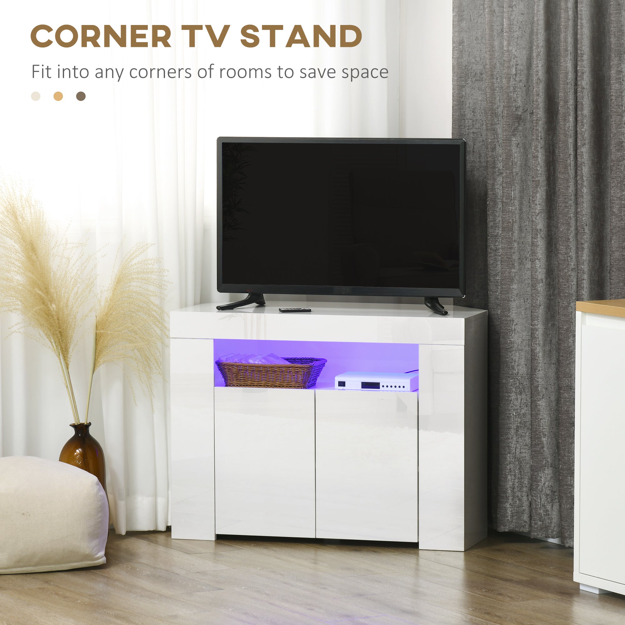 Corner TV Cabinet for 40 inches with LED Lights, High Gloss TV Stand with Cable Management and Open Shelf, White TV Stands   at Gallery Canada