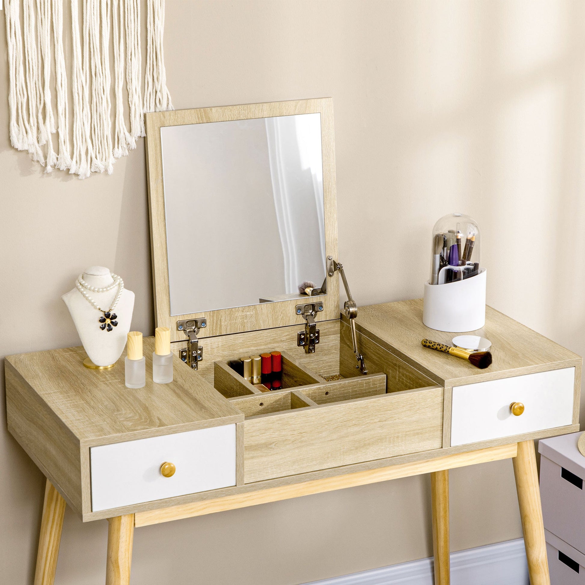 Flip Top Mirror Vanity Set with Cushioned Stool, 2 Drawers, Storage Grids, Natural Dressing & Vanity Tables   at Gallery Canada