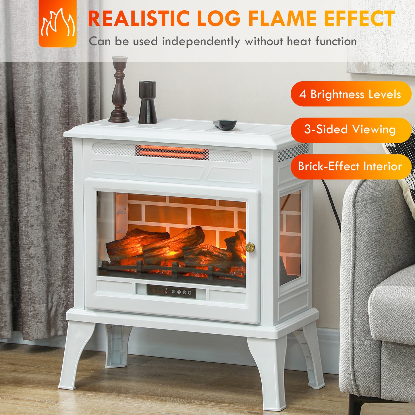 24" Electric Fireplace Stove, 1000W/1500W Freestanding Fireplace Heater with Realistic 3D Flame Effect, Remote, White Electric Fireplaces at Gallery Canada