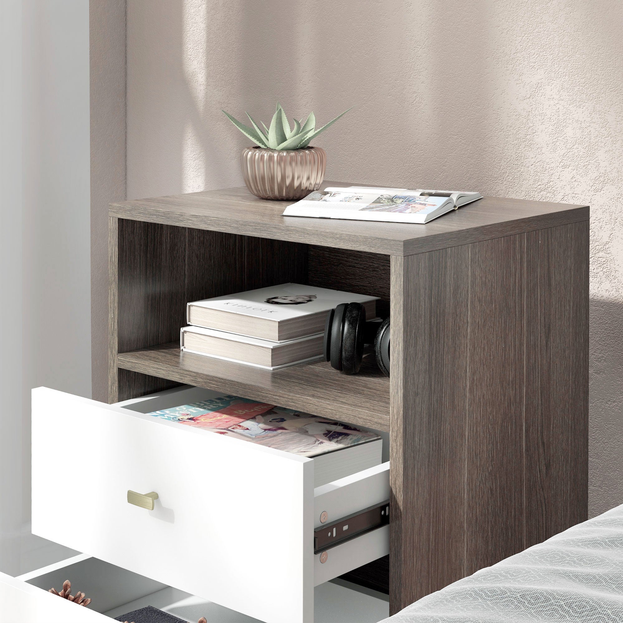 Nightstand Set of 2, Modern Bedside Table, Night Stand for Living Room with 3 Drawers and Open Storage, Grey Bedside Tables at Gallery Canada