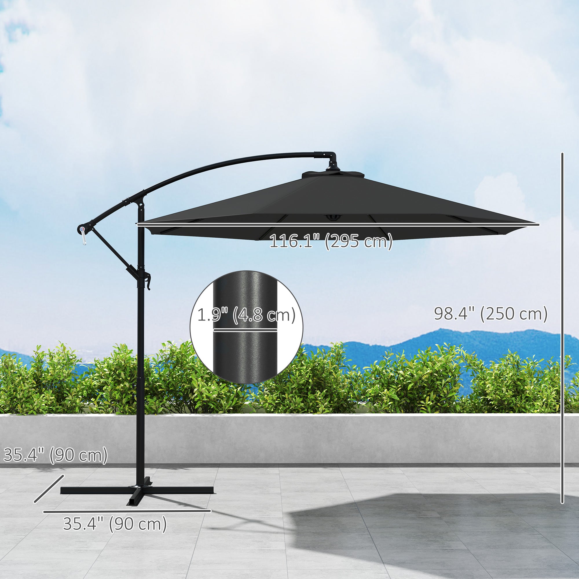 9.7ft Offset Patio Umbrella Garden Hanging Parasol Banana Cantilever Umbrella with Base, Crank, Black Offset Cantilever Umbrellas at Gallery Canada