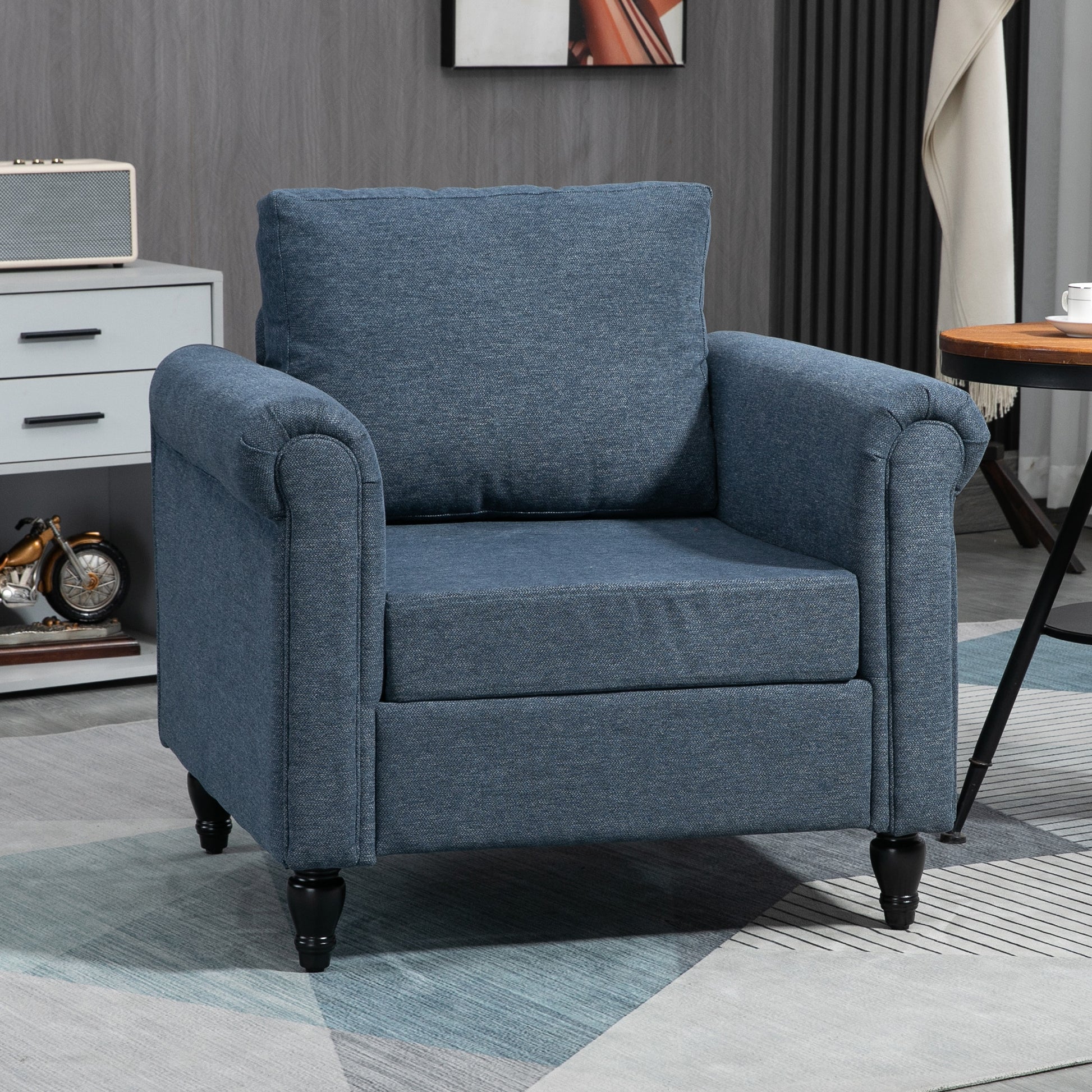 Vintage Armchair, Upholstered Accent Chair with Rolled Arms, Gourd-Shaped Rubber Wood Legs, Dark Blue Accent Chairs at Gallery Canada