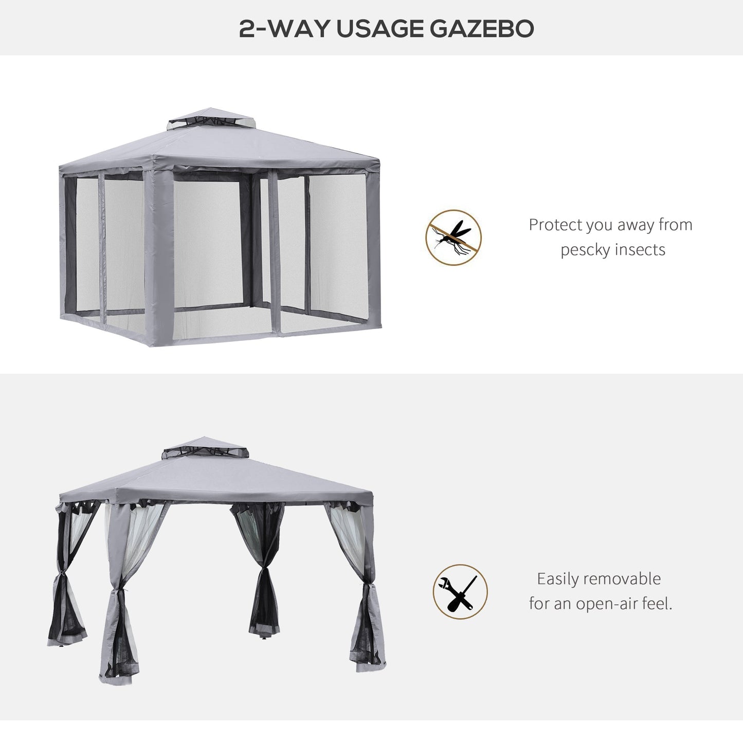 9.6' x 9.6' Patio Gazebo Outdoor Pavilion 2 Tire Roof Canopy Shelter Garden Event Party Tent Yard Sun Shade Steel Frame w/ Mosquito Netting Grey Gazebos   at Gallery Canada