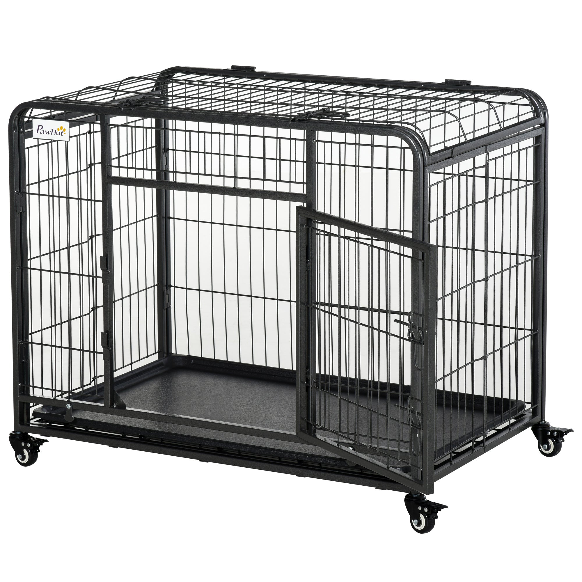 Folding Heavy Duty Dog Crate Heavy Duty Cage for Medium Sized Dogs with Double Doors, Lockable Wheels Tray, 37