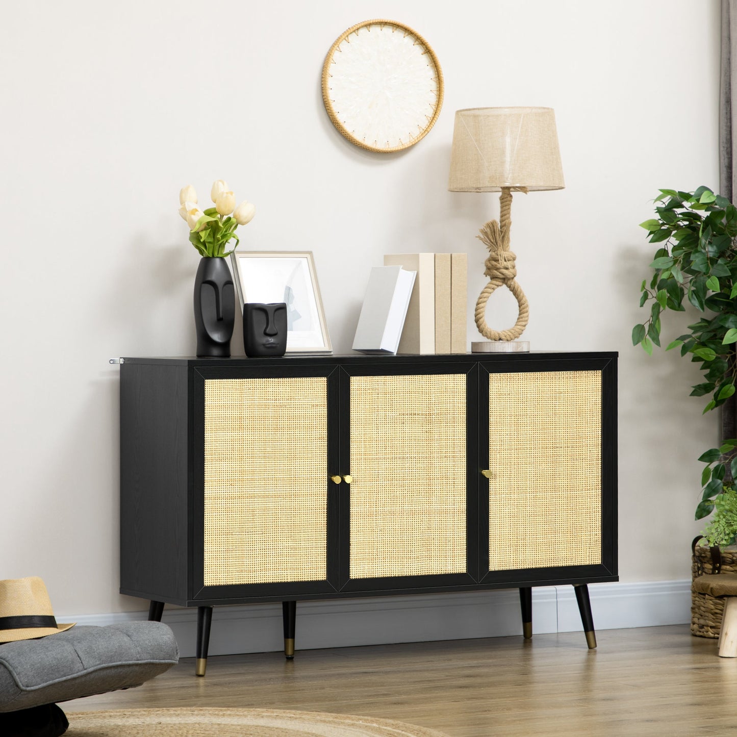 Boho Kitchen Sideboard, Rattan Door Buffet Cabinet with Storage Shelves and Wood Legs, Black Bar Cabinets   at Gallery Canada