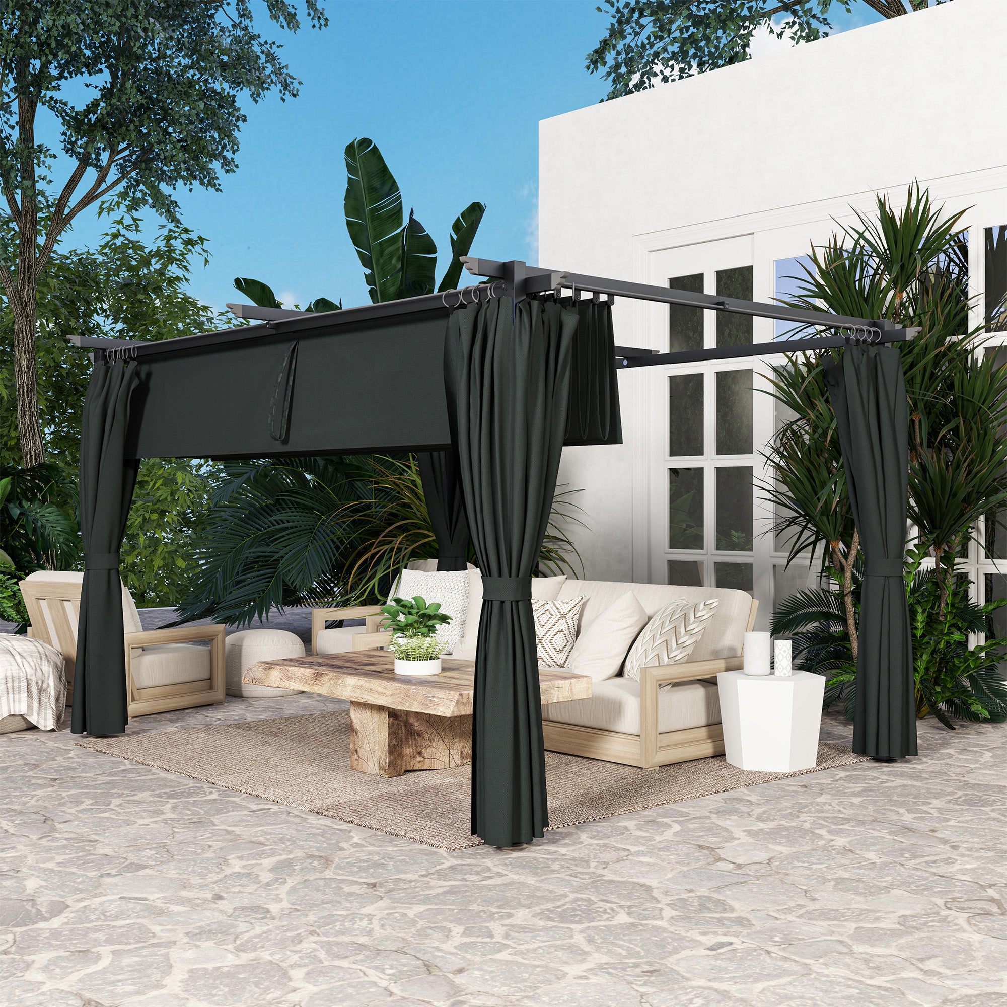 10' x 13' Pergola with Retractable Canopy and Curtains, UPF30+ Sun Shade Shelter for Grill, Garden, Backyard, Deck Pergolas at Gallery Canada