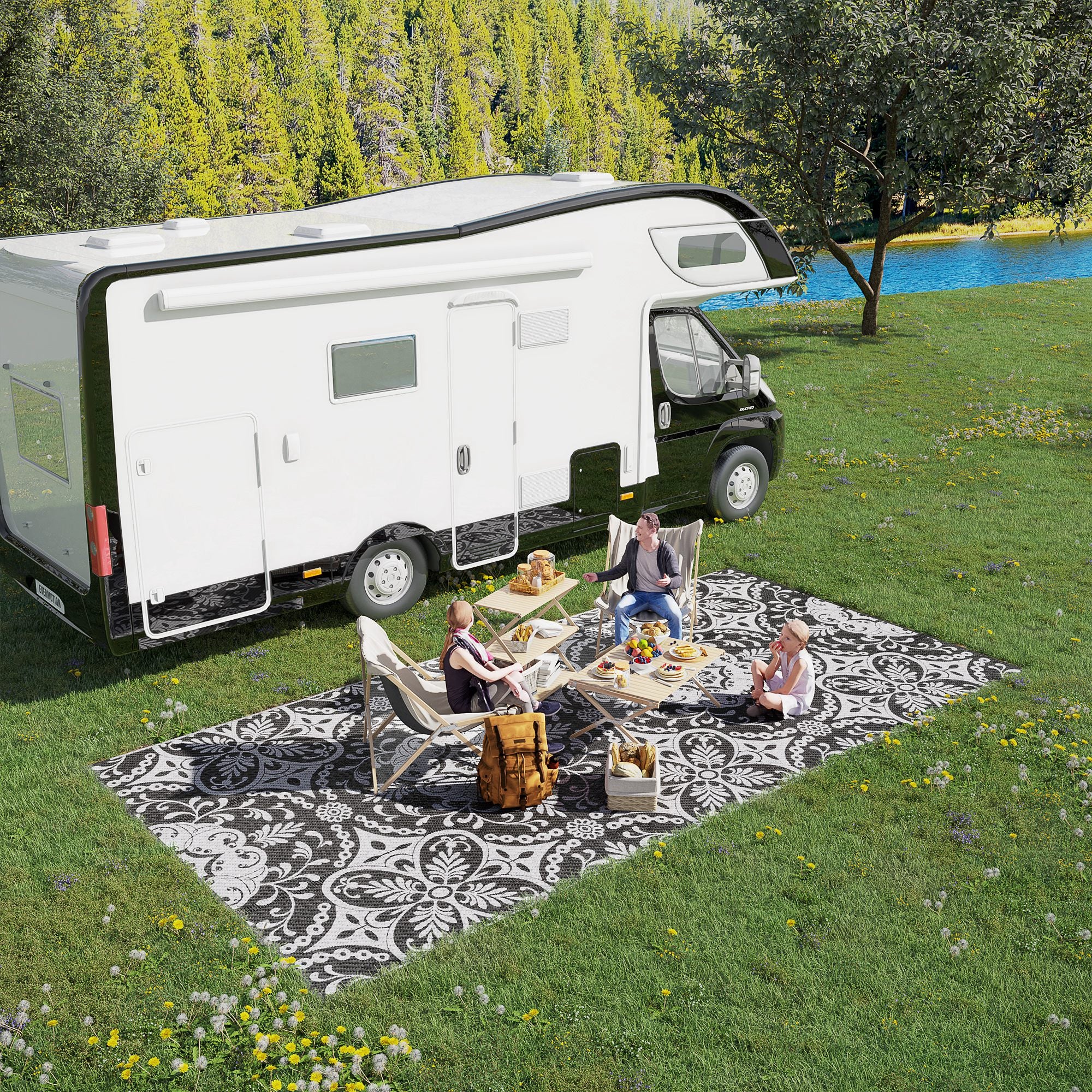 Portable Outdoor Rug with Carry Bag, 9' x 18' Reversible Mat, Waterproof Plastic Straw RV Rug for Backyard, Deck, Picnic, Beach, Camping, Gray &; White Flower Outdoor Reversible Rugs at Gallery Canada
