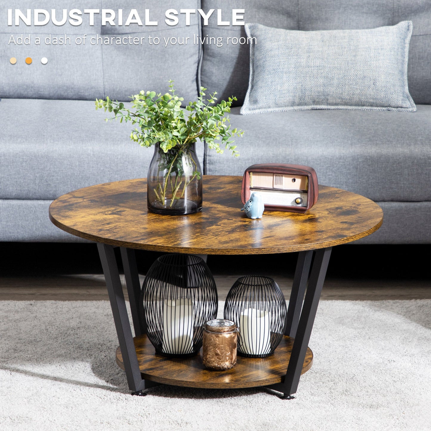 Round Coffee Table with Storage Shelf, Center Table with Steel Frame for Living Room, Rustic Brown Coffee Tables   at Gallery Canada