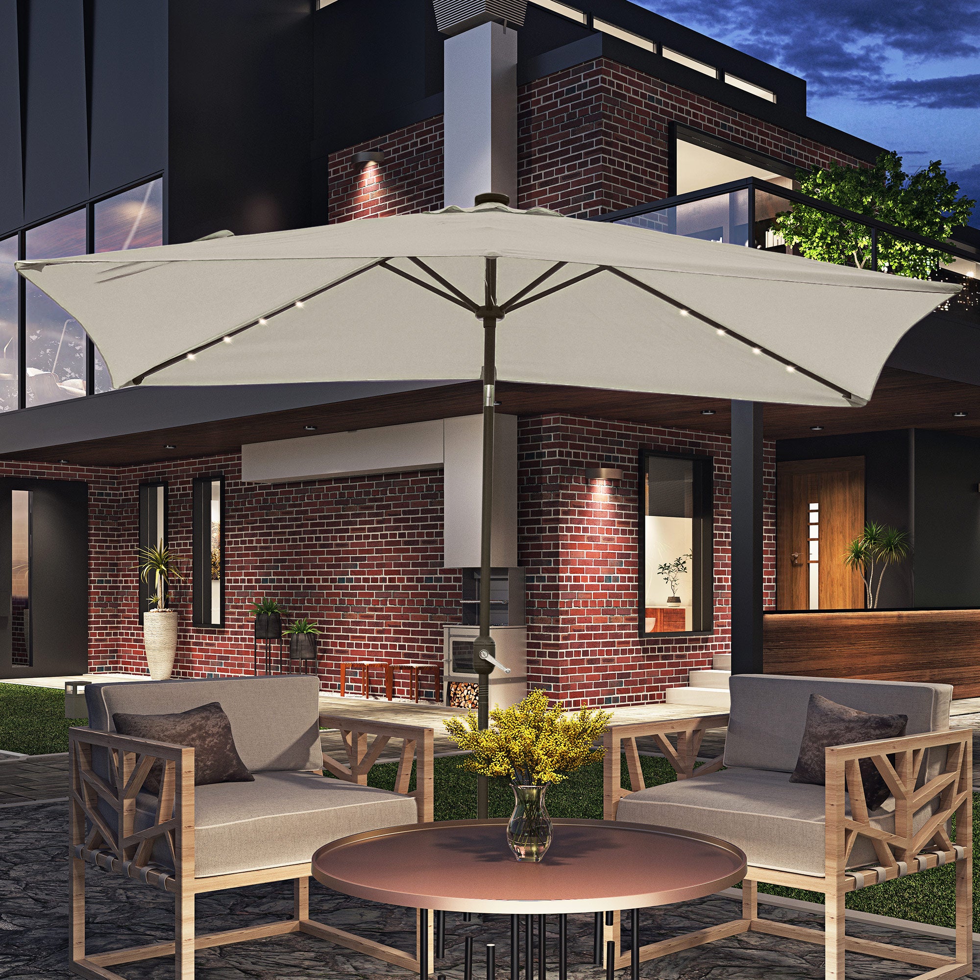 6' x 10' Patio Umbrella with 22 LED Solar Lights and Tilt, Rectangular Outdoor Table Umbrella with Crank, Beige Sun Umbrellas at Gallery Canada