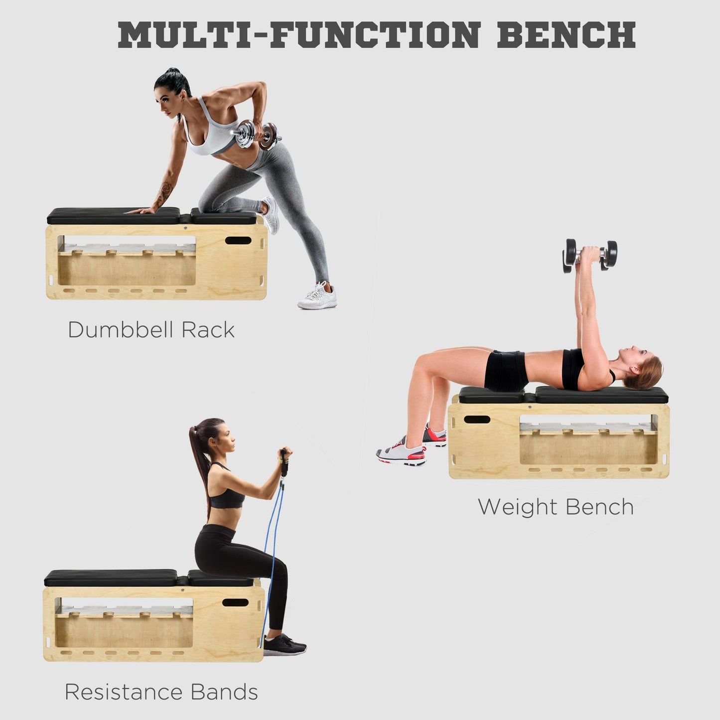 Wooden Workout Bench with Dumbbell Rack and Resistance Bands, Adjustable Incline Weight Bench for Home Gym - Gallery Canada