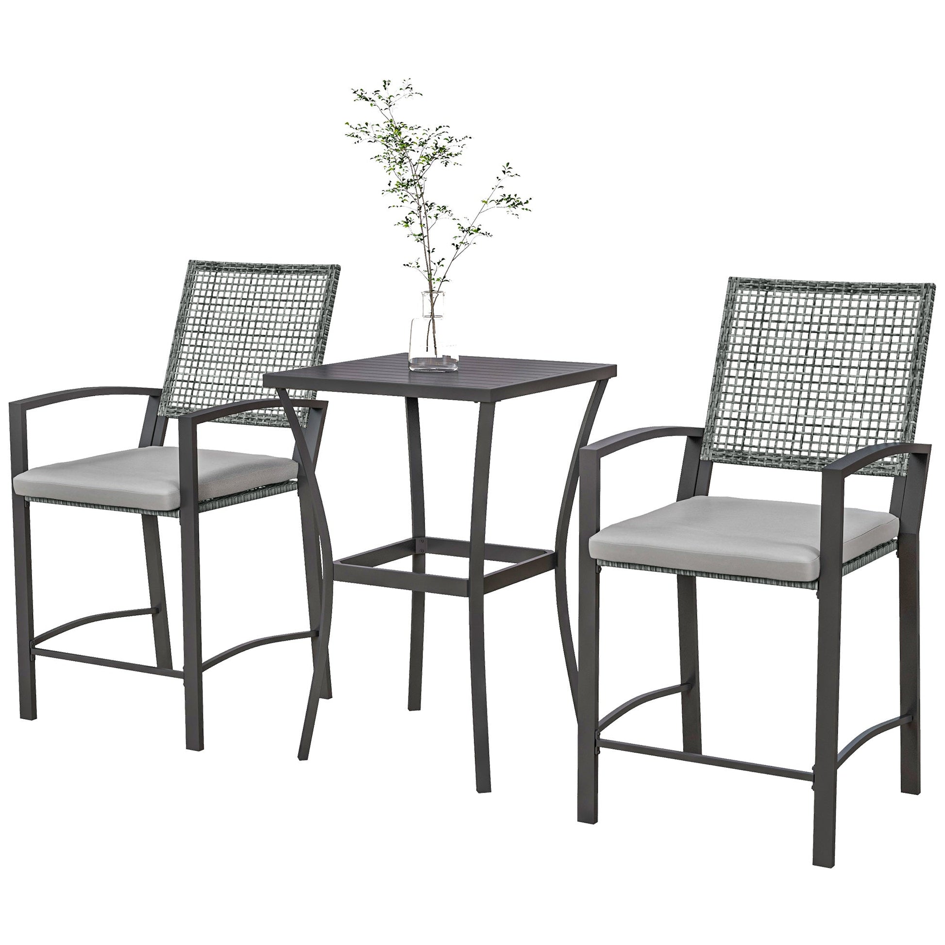 3pc Rattan Patio Bar Table and Bar Chairs w/ Cushions Home Bar Furniture Bistro Sets Mixed Grey  at Gallery Canada