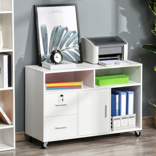 Lateral Filing Cabinet with Open Storage Shelf, Printer Stand Home Office Mobile File Cabinet with Wheels, Lockable Drawer, White