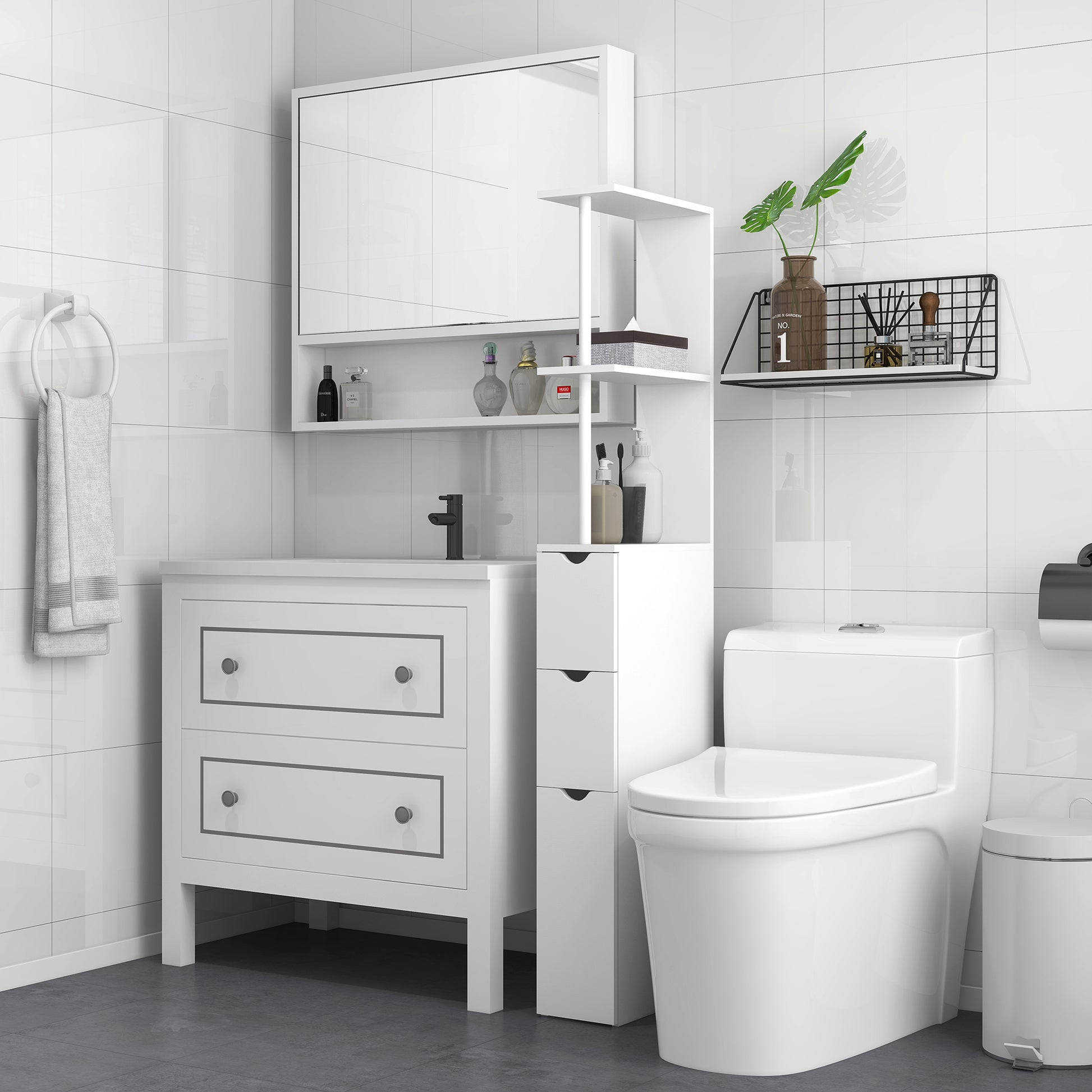 Tall Bathroom Storage Cabinet, Narrow Bathroom Cabinet with Drawers and Open Shelves for Small Spaces, White Bathroom Cabinets   at Gallery Canada