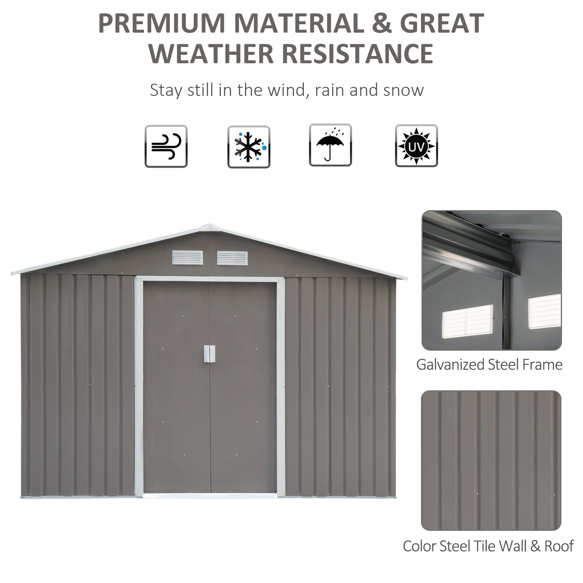 9.1' x 6.4' x 6.3 Garden Storage Shed w/Floor Foundation Outdoor Patio Yard Metal Tool Storage House w/ Double Doors Gray Sheds   at Gallery Canada