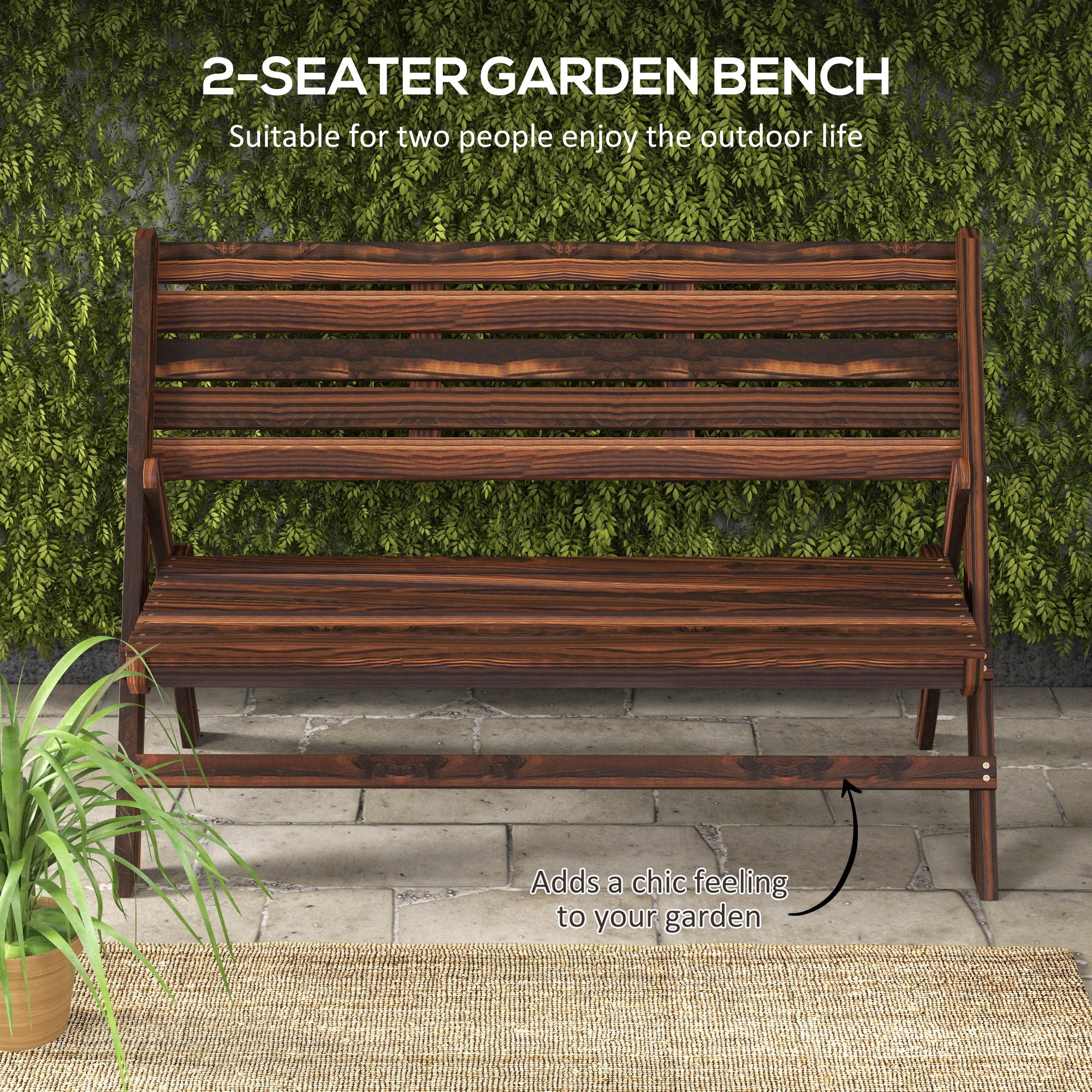 2-Seater Wooden Outdoor Bench, Foldable Garden Bench with Slatted Backrest and Seat, Patio Loveseat, Carbonised Finish Outdoor Benches at Gallery Canada