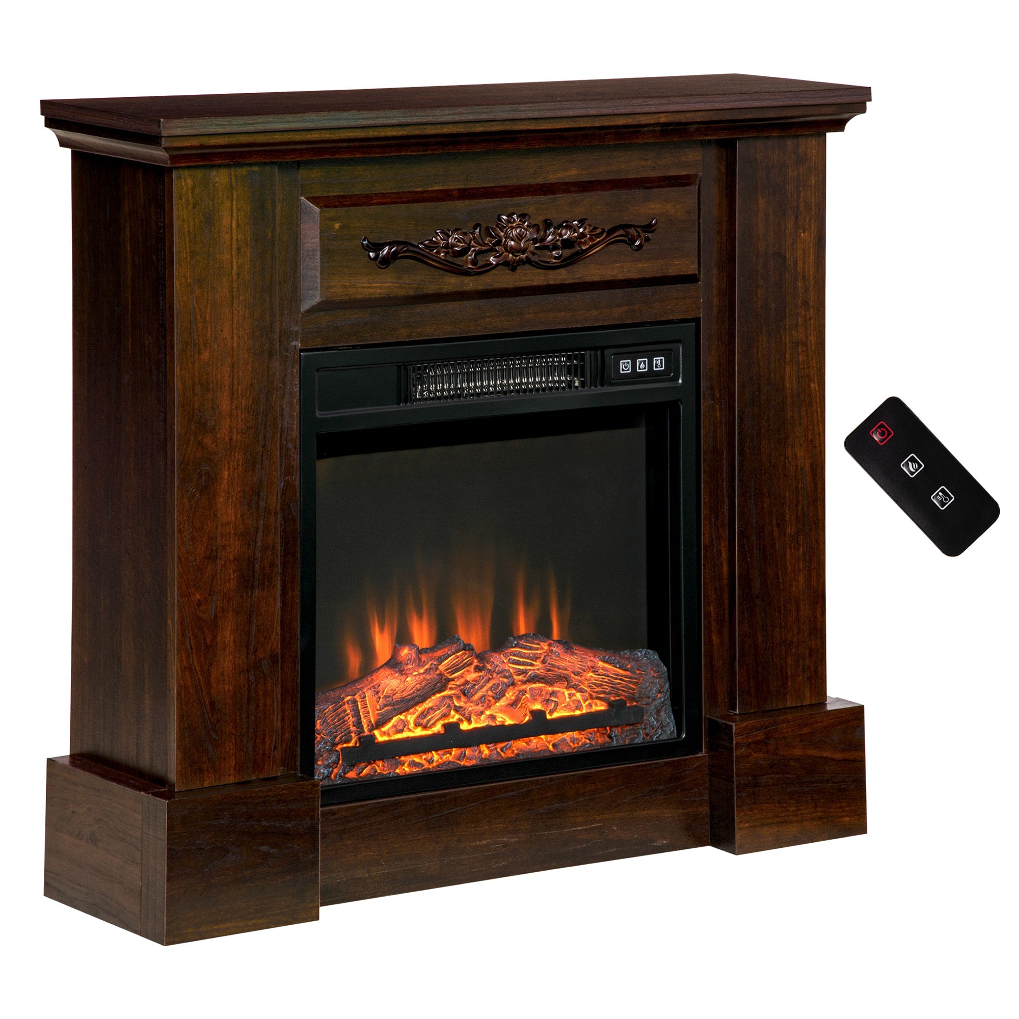 Electric Fireplace with Mantel, Freestanding Heater Corner Firebox with Log Hearth and Remote Control, 1400W, Brown Electric Fireplaces   at Gallery Canada