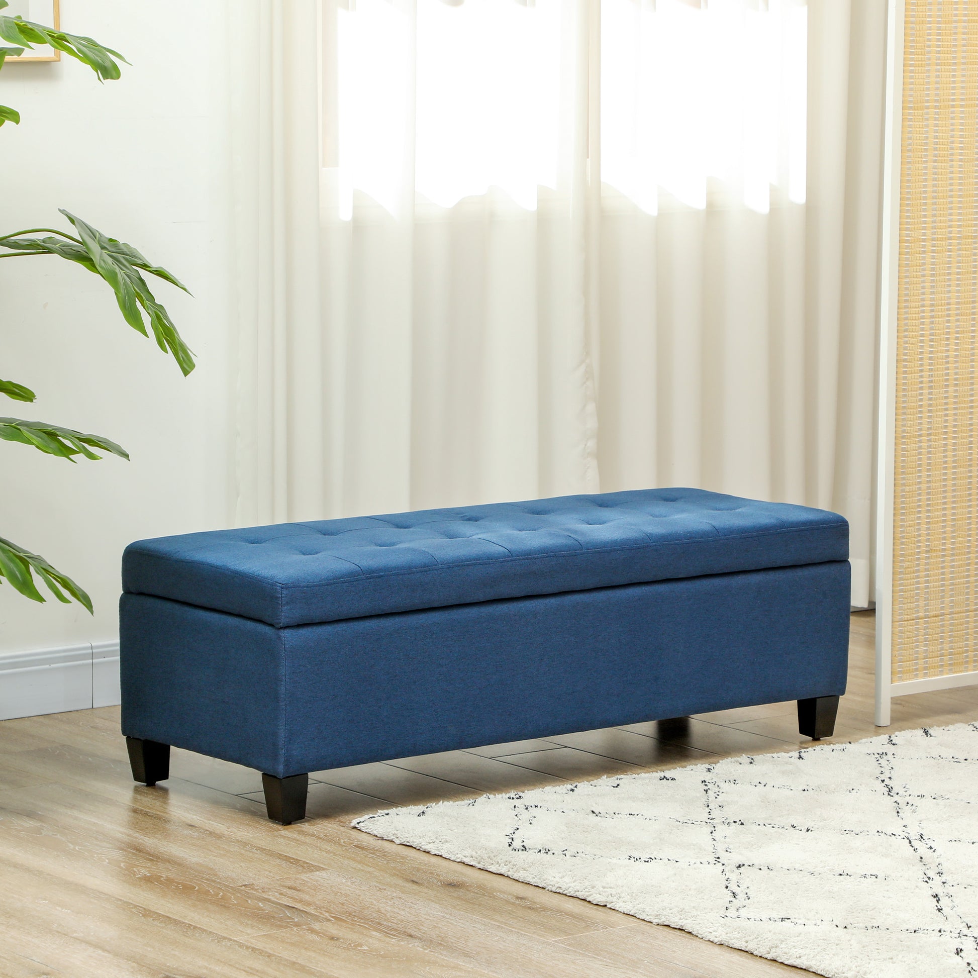 Rectangular Entry Bench, Tufted Upholstered Linen Fabric Wood Feet Storage Ottoman Bench, Blue Storage Ottomans & Benches   at Gallery Canada