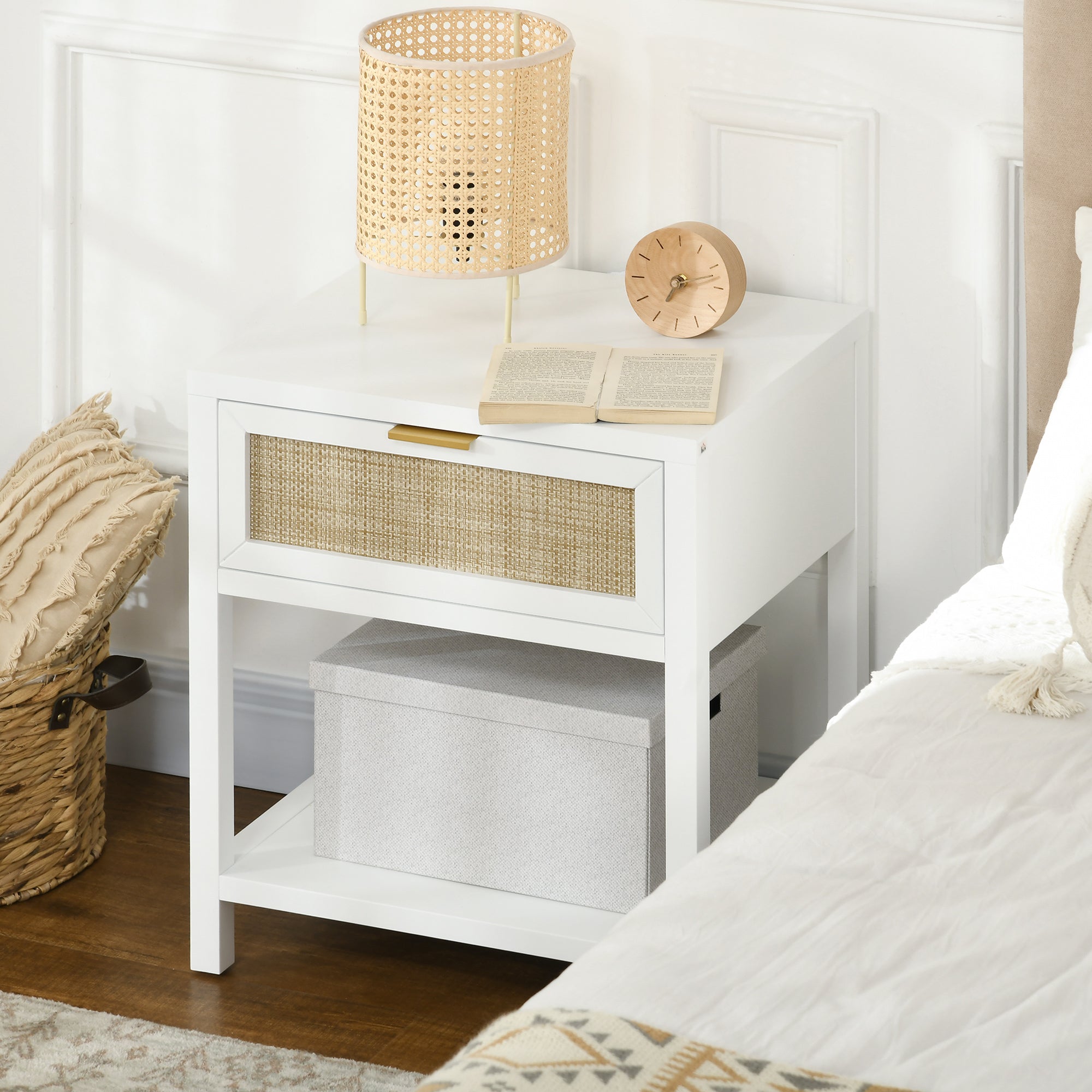 Boho Nightstand, Bedside Table with Rattan Drawer and Open Shelf, Side End Table for Bedroom, Living Room Bedside Tables at Gallery Canada