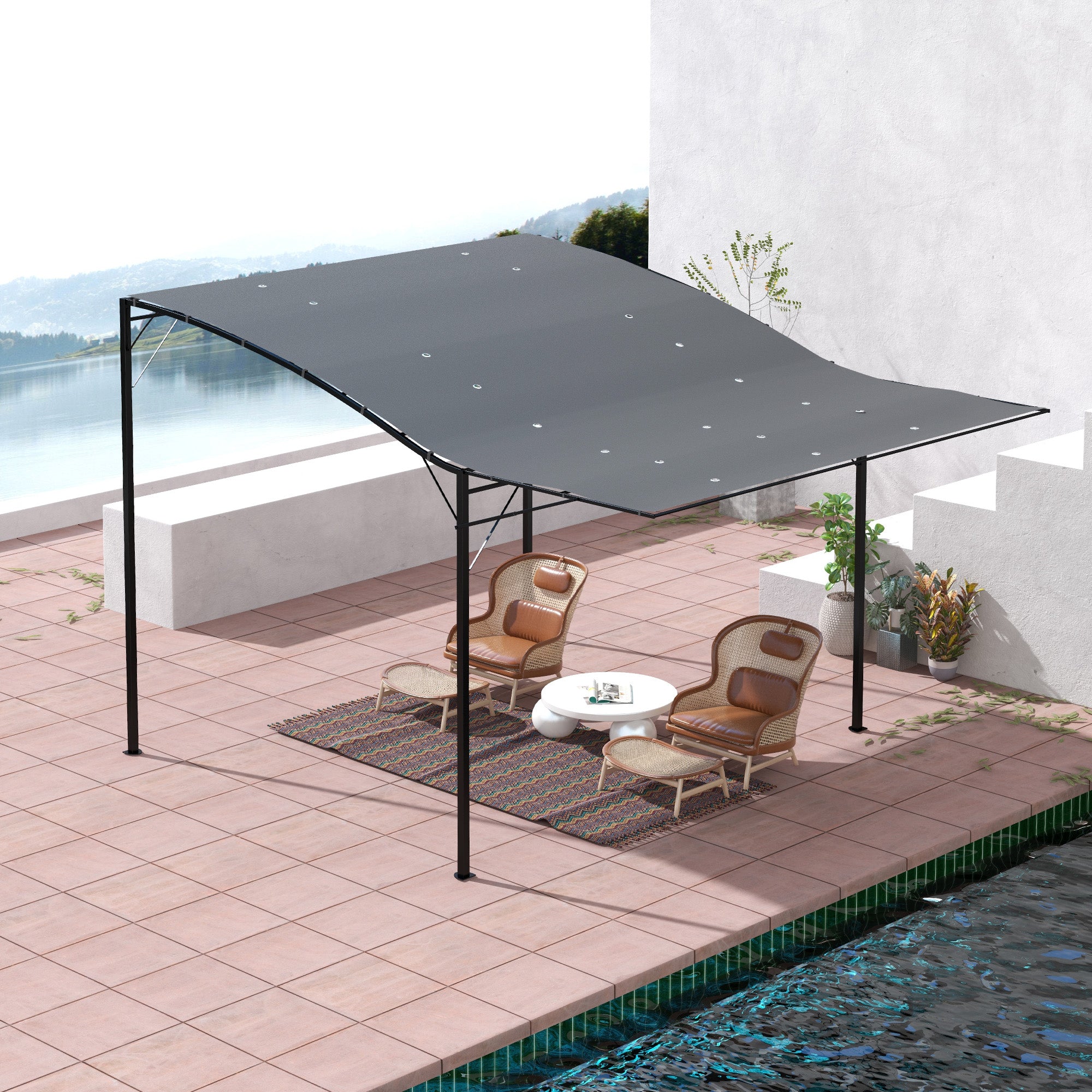 10x8ft Patio Metal Gazebo with Extendable Side Awning, Outdoor Shelter Shade Canopy Deck Awning, Dark Grey Pergolas at Gallery Canada