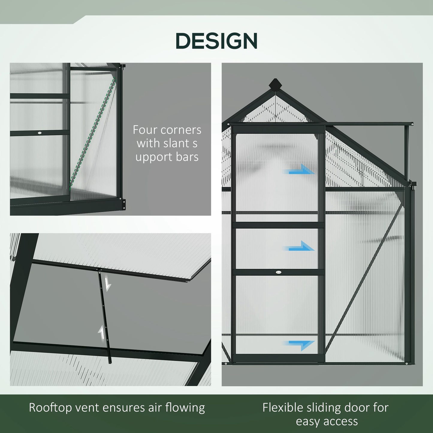 6' x 10' x 6.6' Polycarbonate Greenhouse, Walk-In Green House Kit Garden, Plants Grow, Galvanized Sheet Aluminum Frame with Rain Gutter, Vents and Sliding Door, Grey Walk In Greenhouses at Gallery Canada