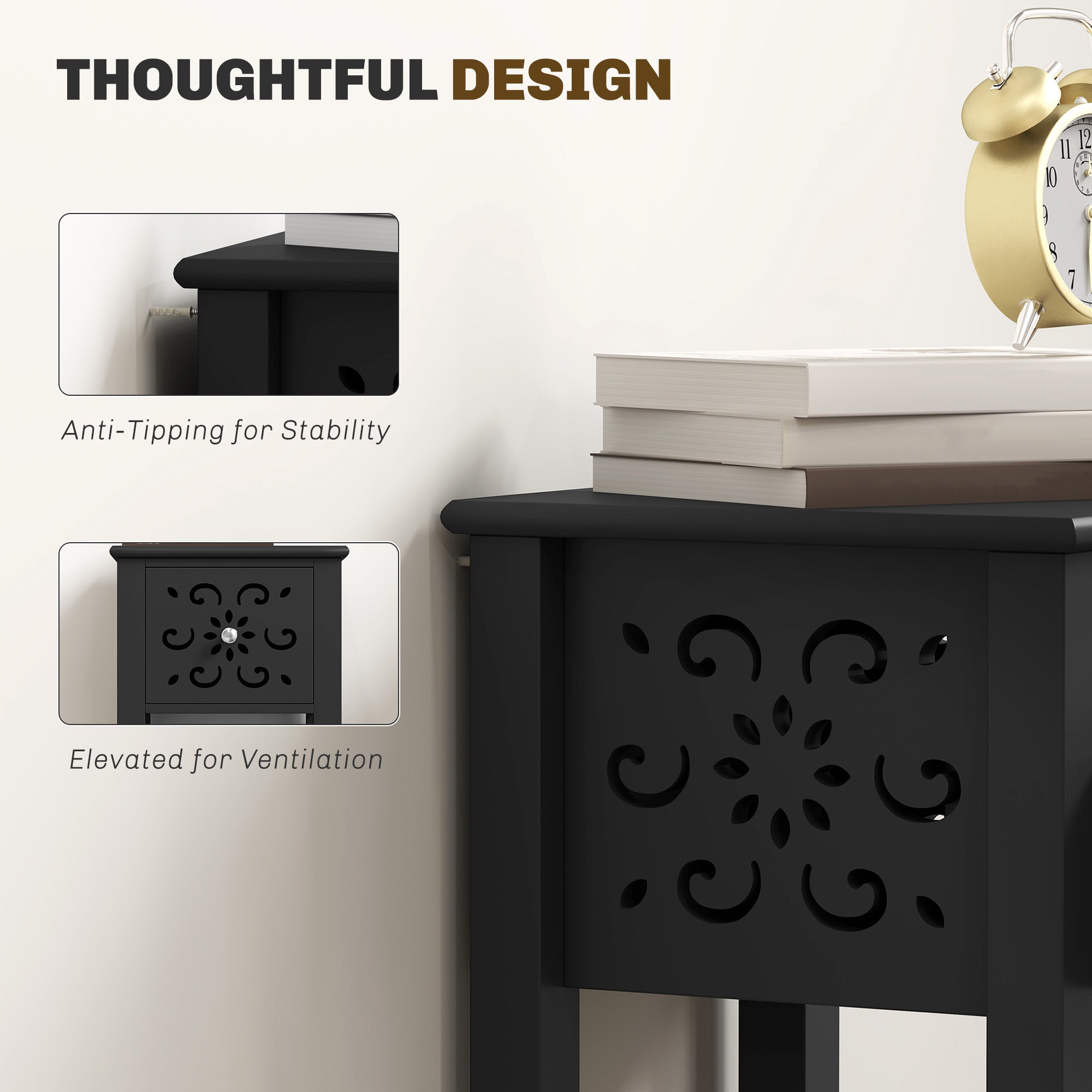 Nightstand Set of 2 with Drawer and Open Storage Shelf Black Side Tables at Gallery Canada