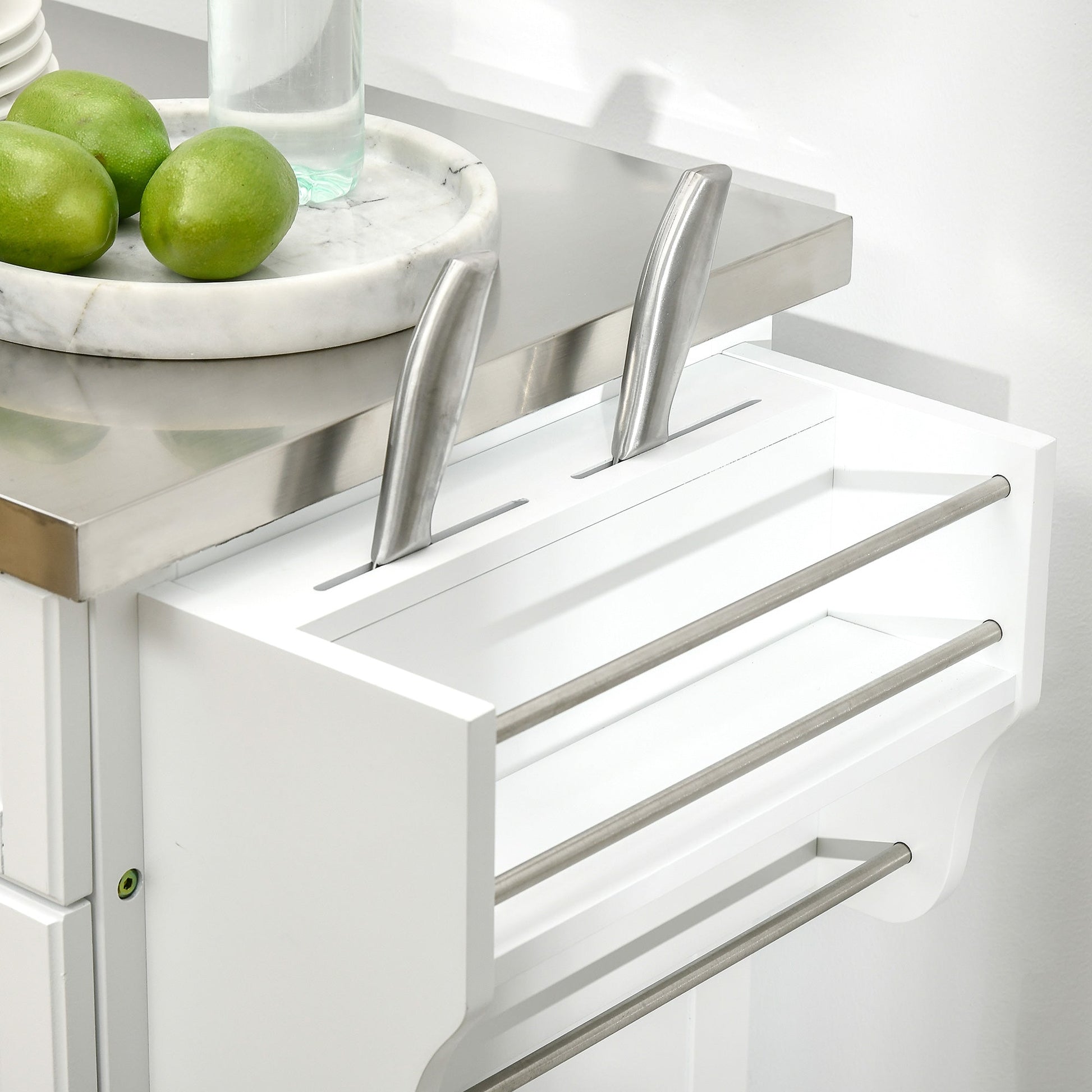 Rolling Kitchen Island, Kitchen Serving Cart with Stainless Steel Table Top on Wheels, White Kitchen Islands & Kitchen Carts   at Gallery Canada