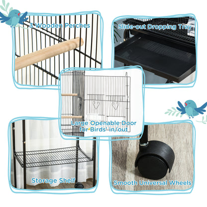 49" Rolling Bird Cage Cockatoo House Play Top Finch Pet Supply with Storage Shelf, Wheels - Black Bird Cages at Gallery Canada