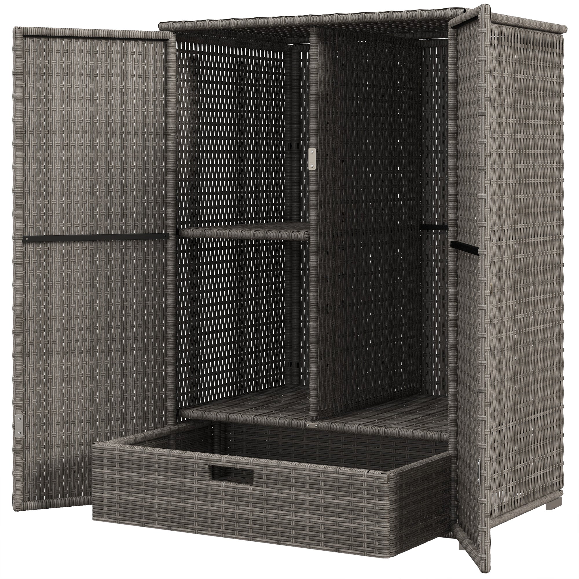 Wicker Outdoor Storage Cabinet, 2-Door Rattan Pool Towel Storage Cabinet with Drawer &; Removable Shelf, Dark Grey Patio Storage Boxes Dark Grey at Gallery Canada