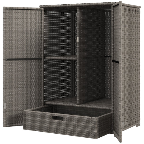 Wicker Outdoor Storage Cabinet, 2-Door Rattan Pool Towel Storage Cabinet with Drawer &; Removable Shelf, Dark Grey