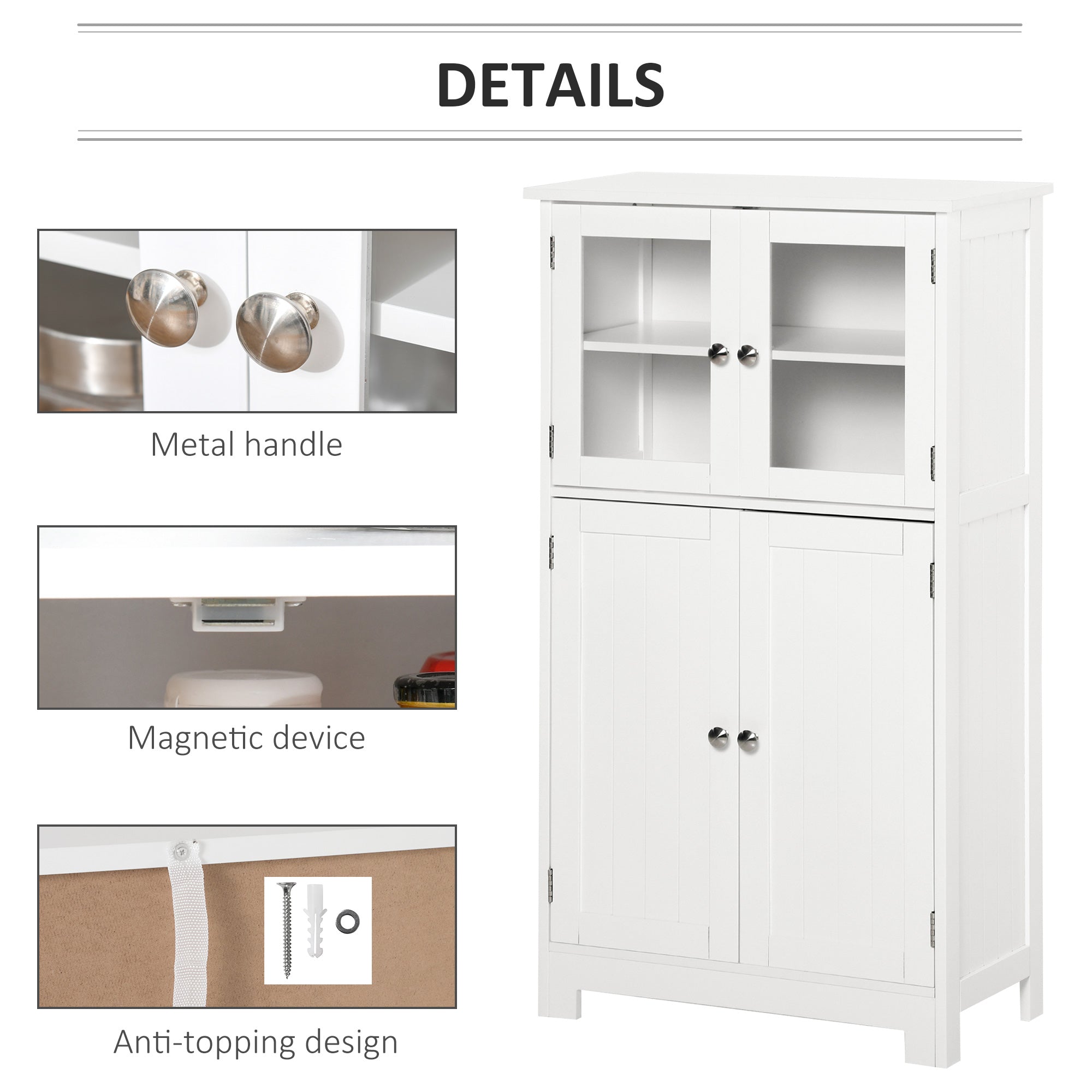 Tempered Glass Door Bathroom Floor Storage Cabinet with Adjustable Shelf, White Bathroom Cabinets   at Gallery Canada