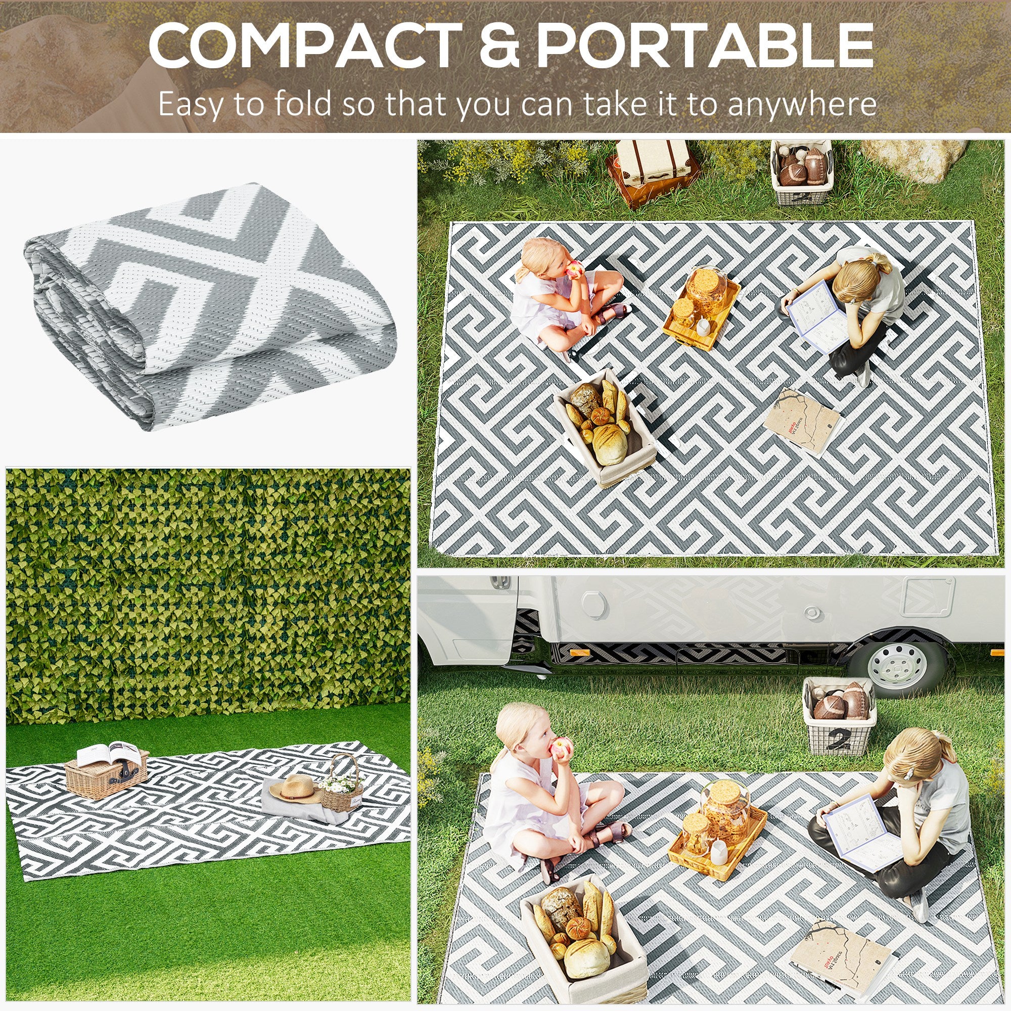Reversible Outdoor RV Rug, Patio Floor Mat, 5' x 8' Plastic Straw Rug for Backyard, Deck, Beach, Camping, Grey &; White Garden Decor at Gallery Canada