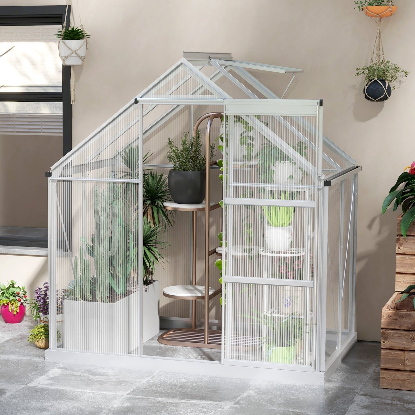 6' x 4' Walk-In Greenhouse, Polycarbonate Greenhouse with Sliding Door, Window, Aluminium Frame, Foundation, Silver Walk In Greenhouses   at Gallery Canada