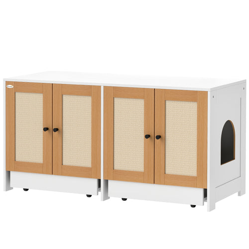 Cat Litter Box Enclosure w/ 2 Cabinets, Scratching Mats, Pull-Out Trays, Hidden Litter Box for 2 Cats, White